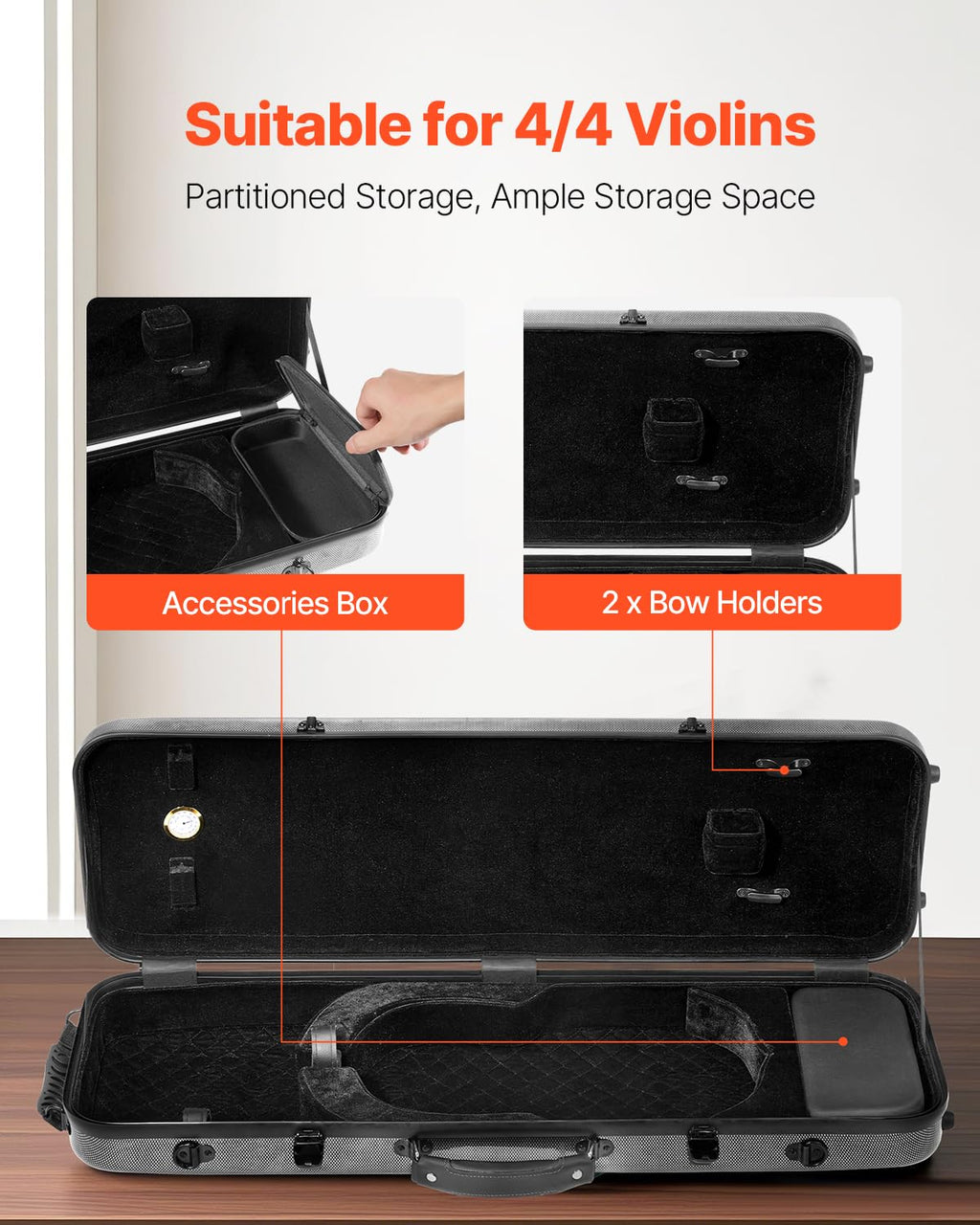 VEVOR 4/4 Full Size Violin Case, Built-in Hygrometer, Lightweight Portable Travel Carrying Bag, with Plush Lining, Dual Shoulder Straps, Anti-Scratch, Professional Triangular Shape, for Violin, Black