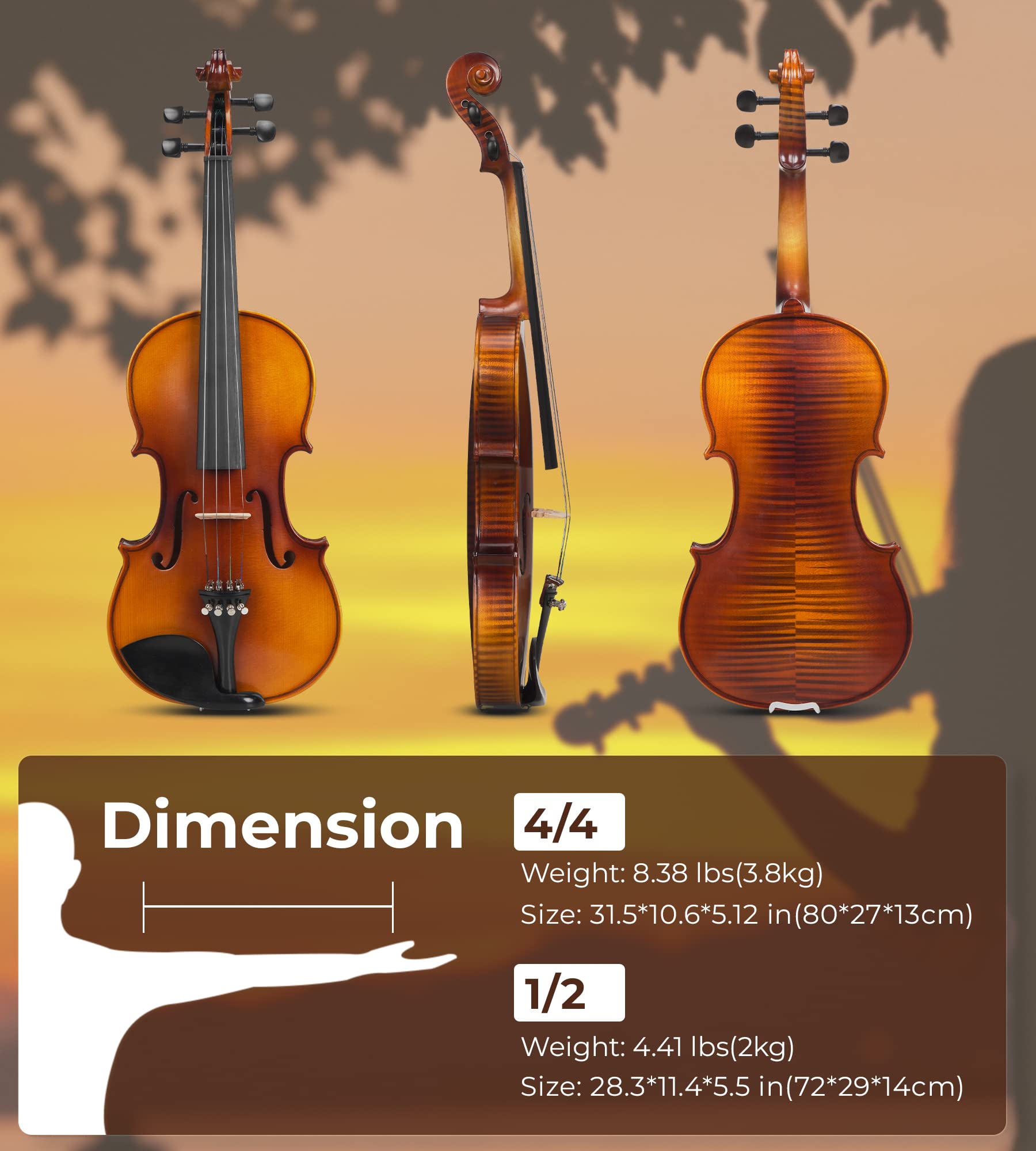 Vangoa Violin 4/4 Full Size Set, Varnish Fiddle Solid Wood for Professional Adults Senior Intermediate Beginners Student Starter Acoustic Violins Kit Outfit with Ebony Fitted, Hard Case, Right Handed