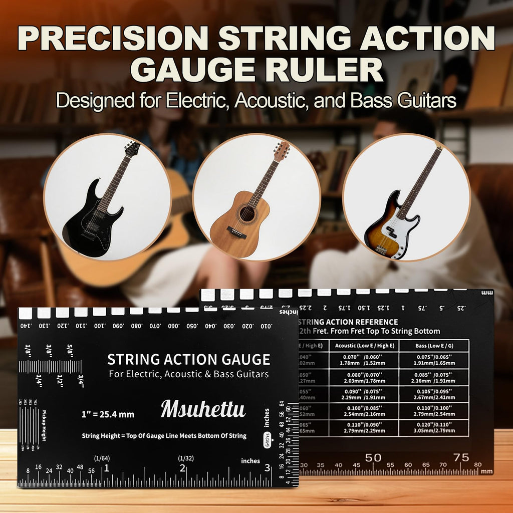 String Action Gauge Ruler, Upgraded Guitar String Height Gauge with Inch & Metric Scales, Guitar String Setup Tool and Accessory for Electric, Acoustic, Bass, and Luthier Use - Etched Black Edition