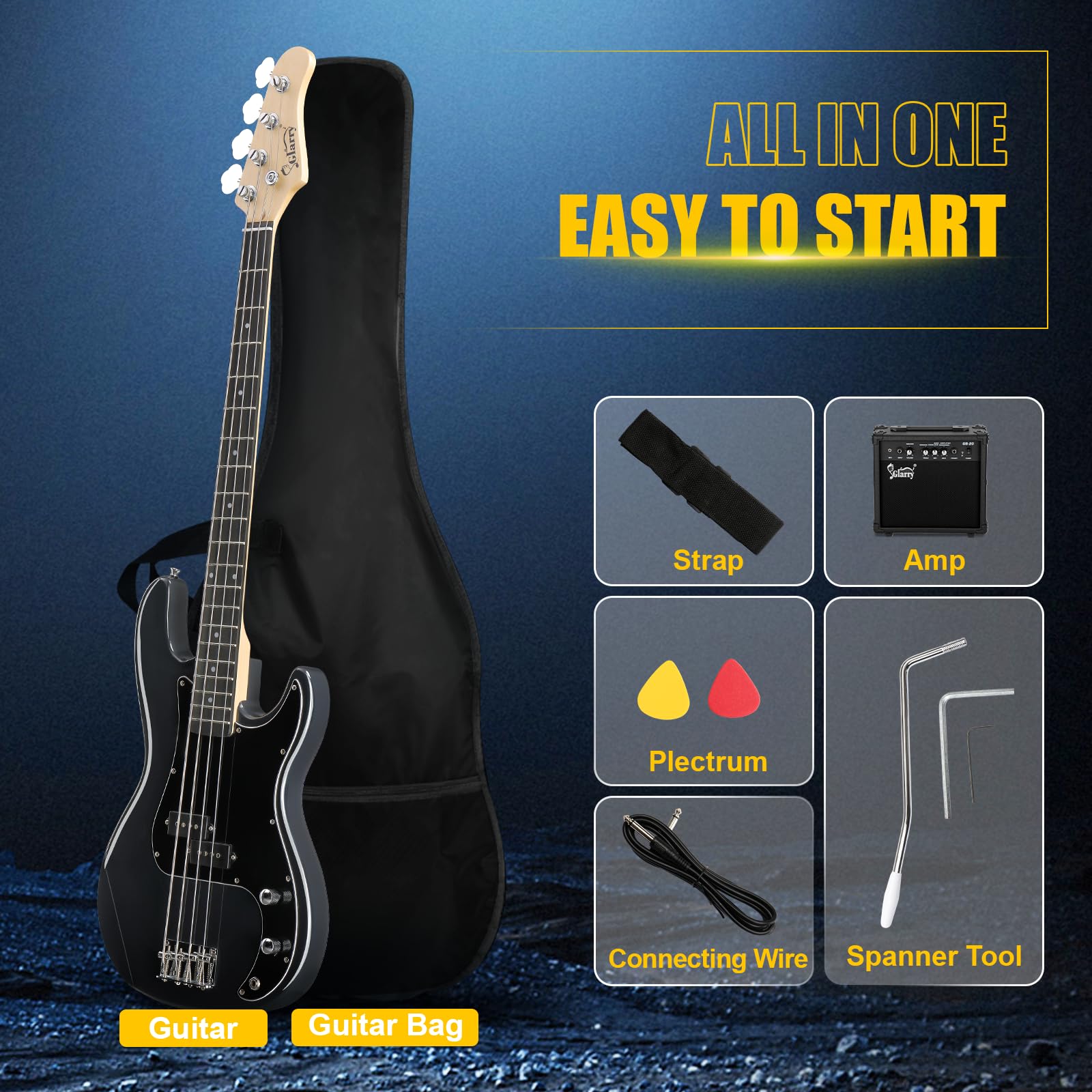 GLARRY Full Size Electric Bass Guitar Beginner Kit 4 String Exquisite Basswood Bass with 20W AMP, Cable, Strap, Bag and Accessories (Black, 39"Right Handed)