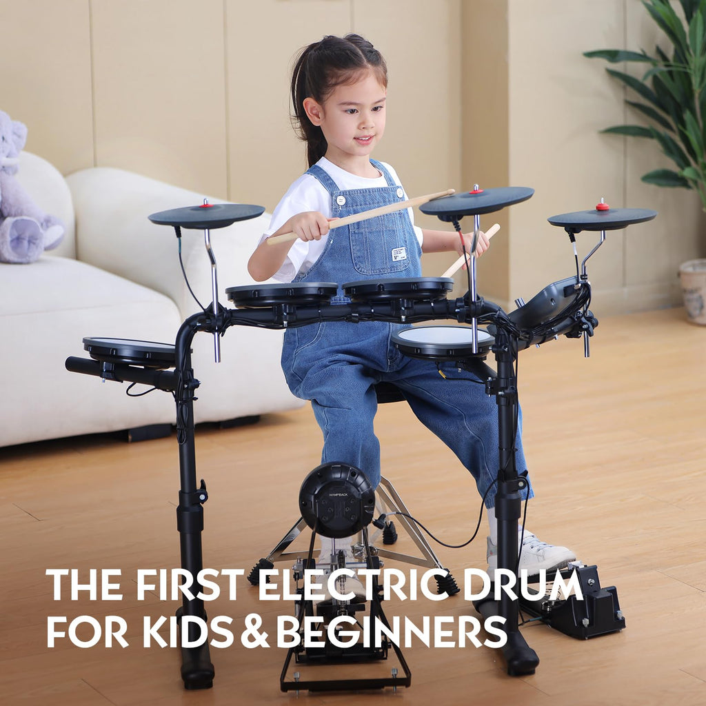 HAMPBACK MK-0 Electric Drum Set with 7'' Quiet Mesh Drum Pads, 8'' Full Rubber Cymbals, 12 Kits and 68 Authentic Sounds, USB MIDI, Throne, Sticks, Headphone, 2 Switch Pedals for Beginners & Kids