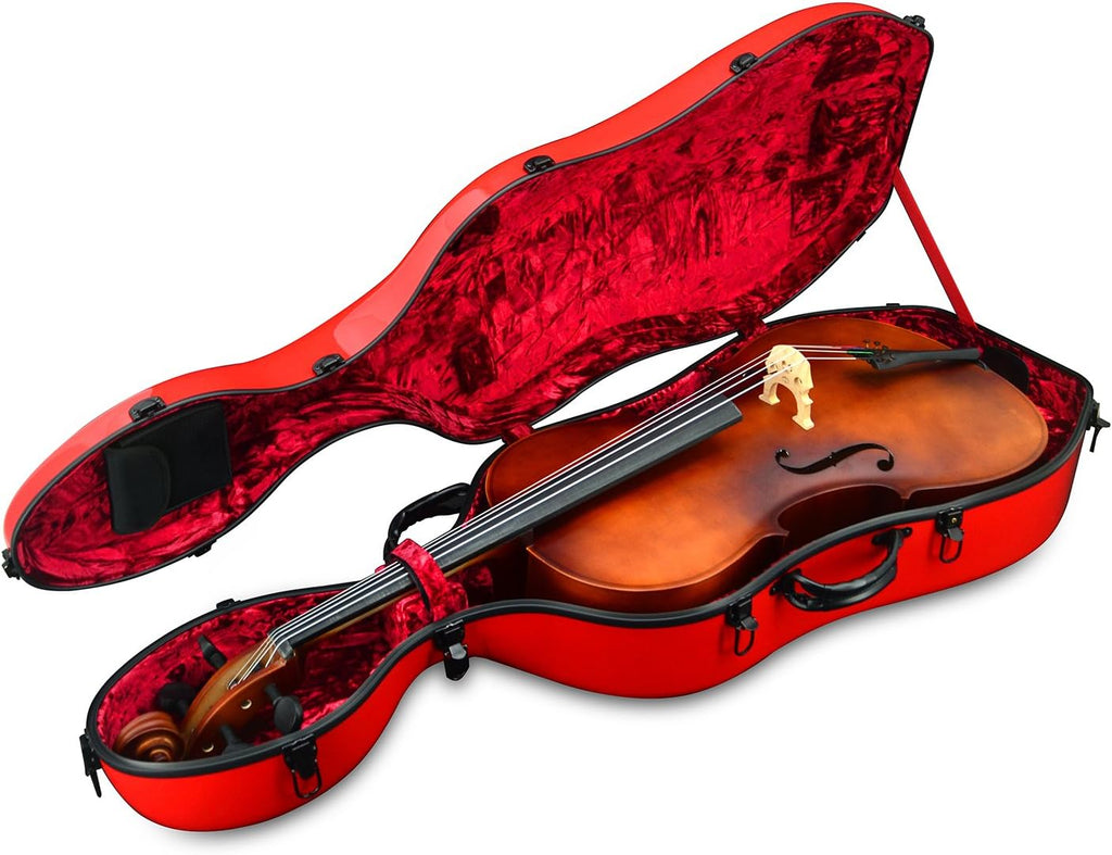 Crossrock Cello Case 4/4 Size, Fiberglass Hard Case with Backpack Straps and Wheels (red)