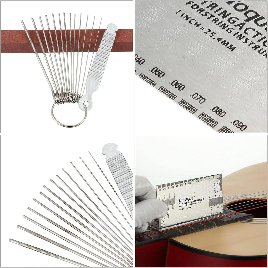 17 Pcs Guitar Luthier Tools Set Include 9 Understring Guitar Radius Gauge String Action Ruler 32 Blades Feeler Gauge Needle File Fingerboard Guards Grinding Stone with Bag for Bass Setup