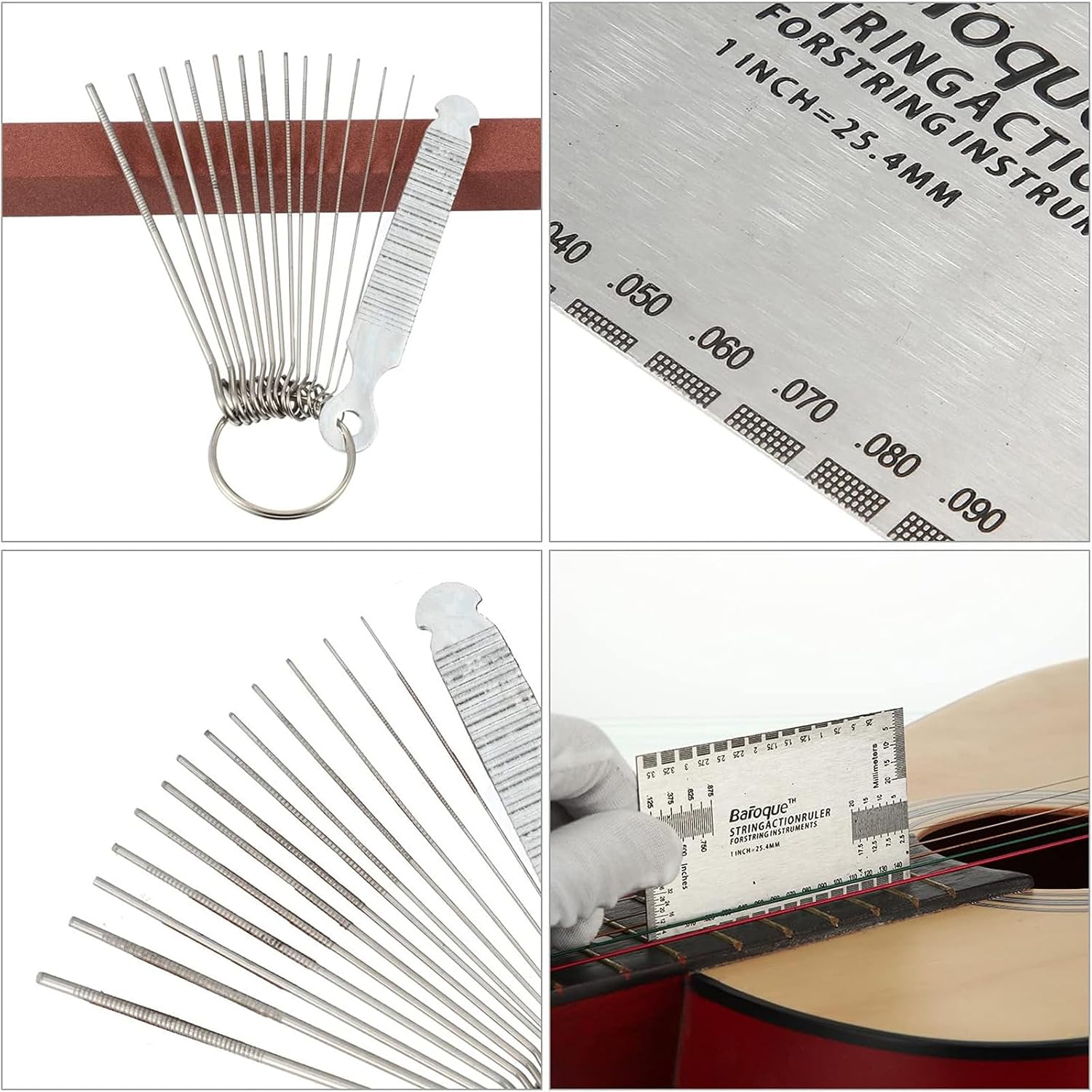 17 Pcs Guitar Luthier Tools Set Include 9 Understring Guitar Radius Gauge String Action Ruler 32 Blades Feeler Gauge Needle File Fingerboard Guards Grinding Stone with Bag for Bass Setup