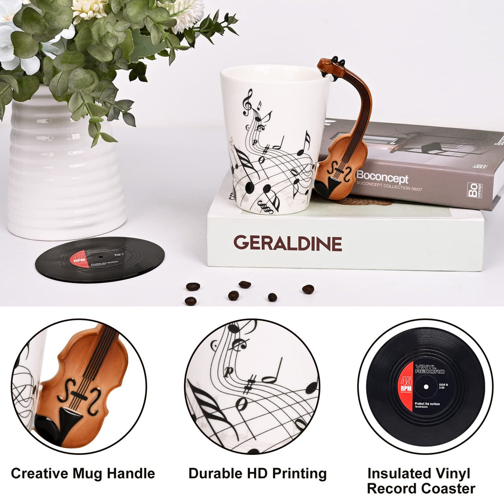 Maustic Novelty Violin Mug - 13 Oz Ceramic with Vinyl Record Coaster, Perfect for Music Lovers, Musicians, and Violinists - Ideal for Christmas or Birthday Gifts