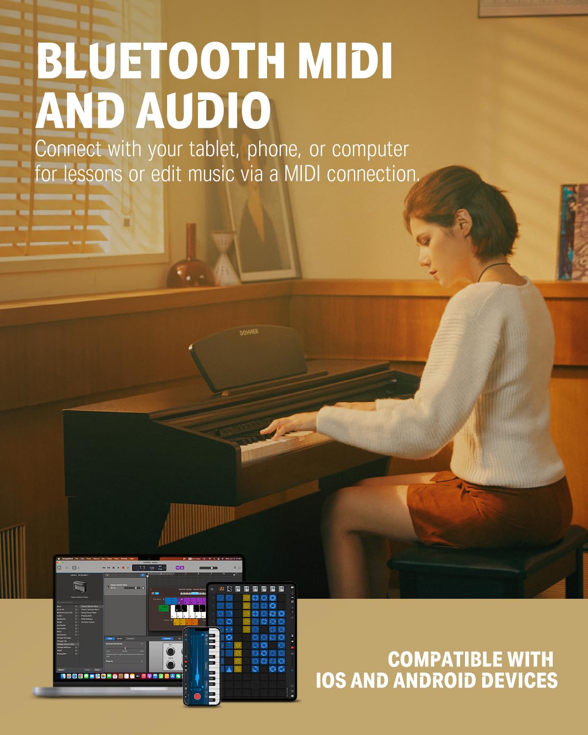 Donner DDP-400 Digital Piano with 88 Key Progressive Weighted Keyboard, Premium Upright Piano Keyboard for Professional, Bundle with Headphone, Bluetooth, Record,138 Tones,100 Rhythms, LCD, Brown