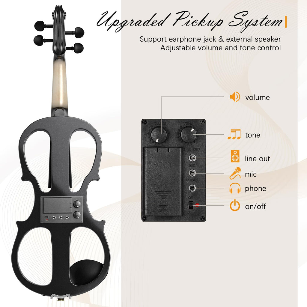 Electric Violin 4/4 Kit, Electric Violin 4/4 Full Size for Adults, Students, Beginner Violins, Full Size Violins Set with Case, Bow, Rosin and Headphones, Black