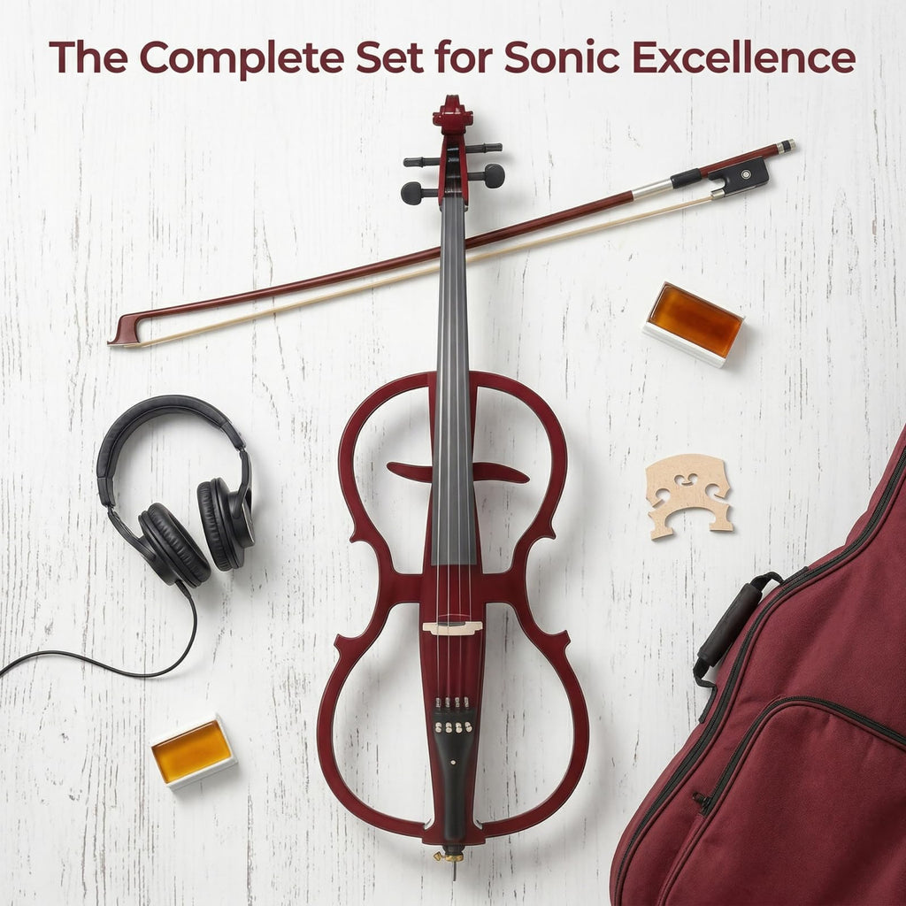 Electric Cello 4/4 Full Size Ebony Fittings with Lightweight Cello Bag, Headphones, Bow, Bridge, Rosin, Cello for Beginners Adults(Metallic Black) (Metallic Red Peach Heart -Cellos)