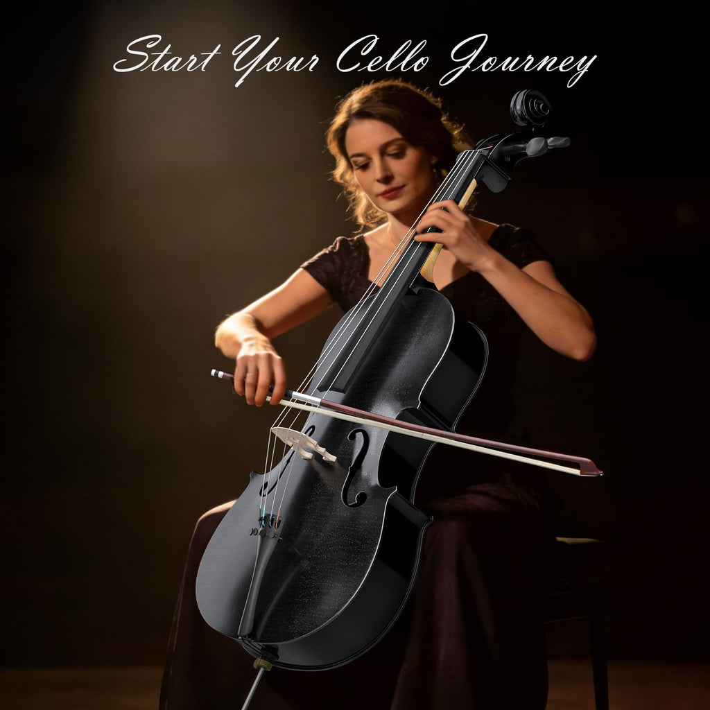 Full Size Cello Kit, Acoustic Cello Instrument for Adults,Beginners,Students,Complete Cello 4/4 Set with Portable Bag, Bow, Rosin (Black)