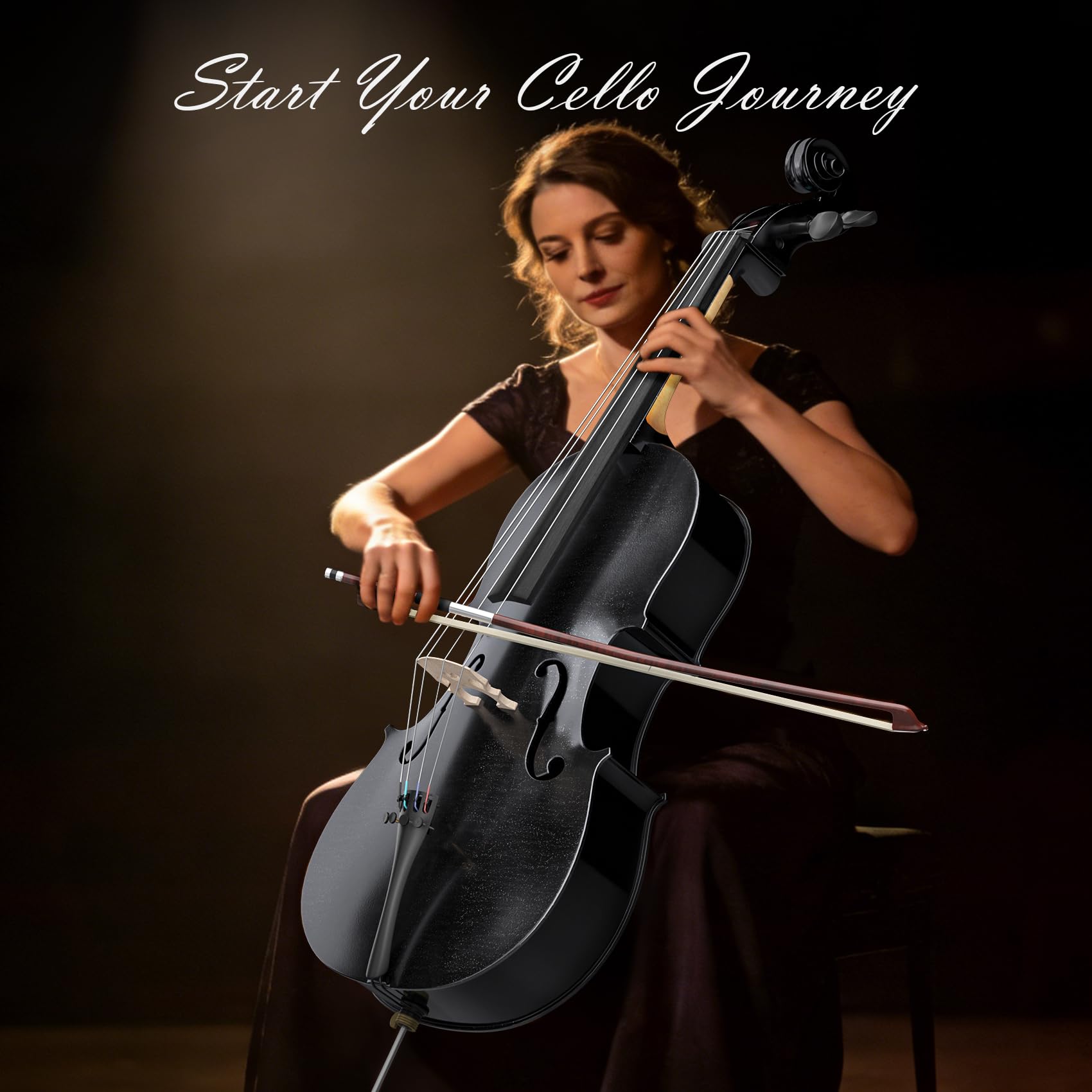 Full Size Cello Kit, Acoustic Cello Instrument for Adults,Beginners,Students,Complete Cello 4/4 Set with Portable Bag, Bow, Rosin (Black)