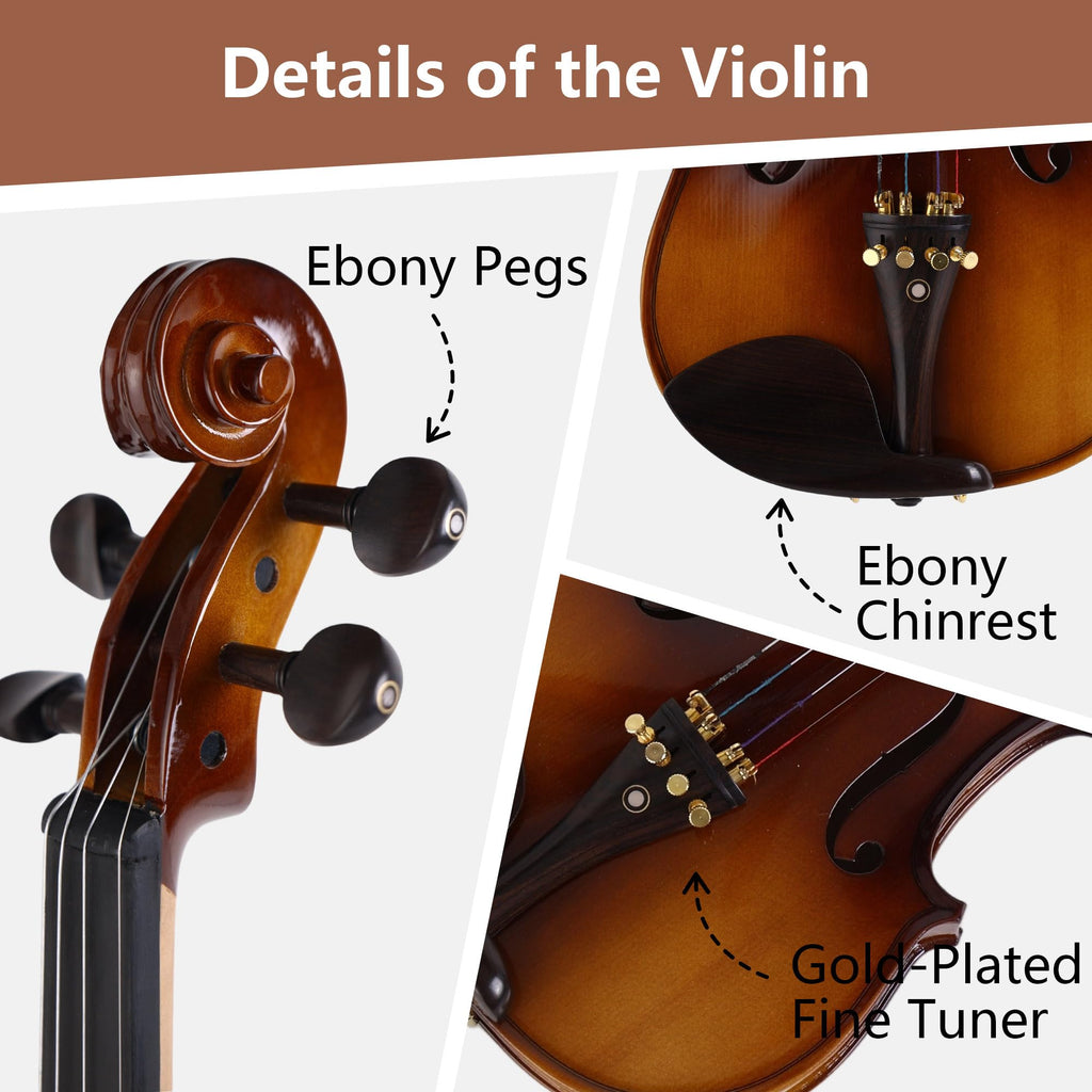 Violin 4/4 Full Size,Beginner Violin For Kids,Students,Adults,Fiddle Set with Hard Case,Bow,Rosin,Shoulder Rest,Tuner,Extra Strings,Bridge,Fingerboard Stickers