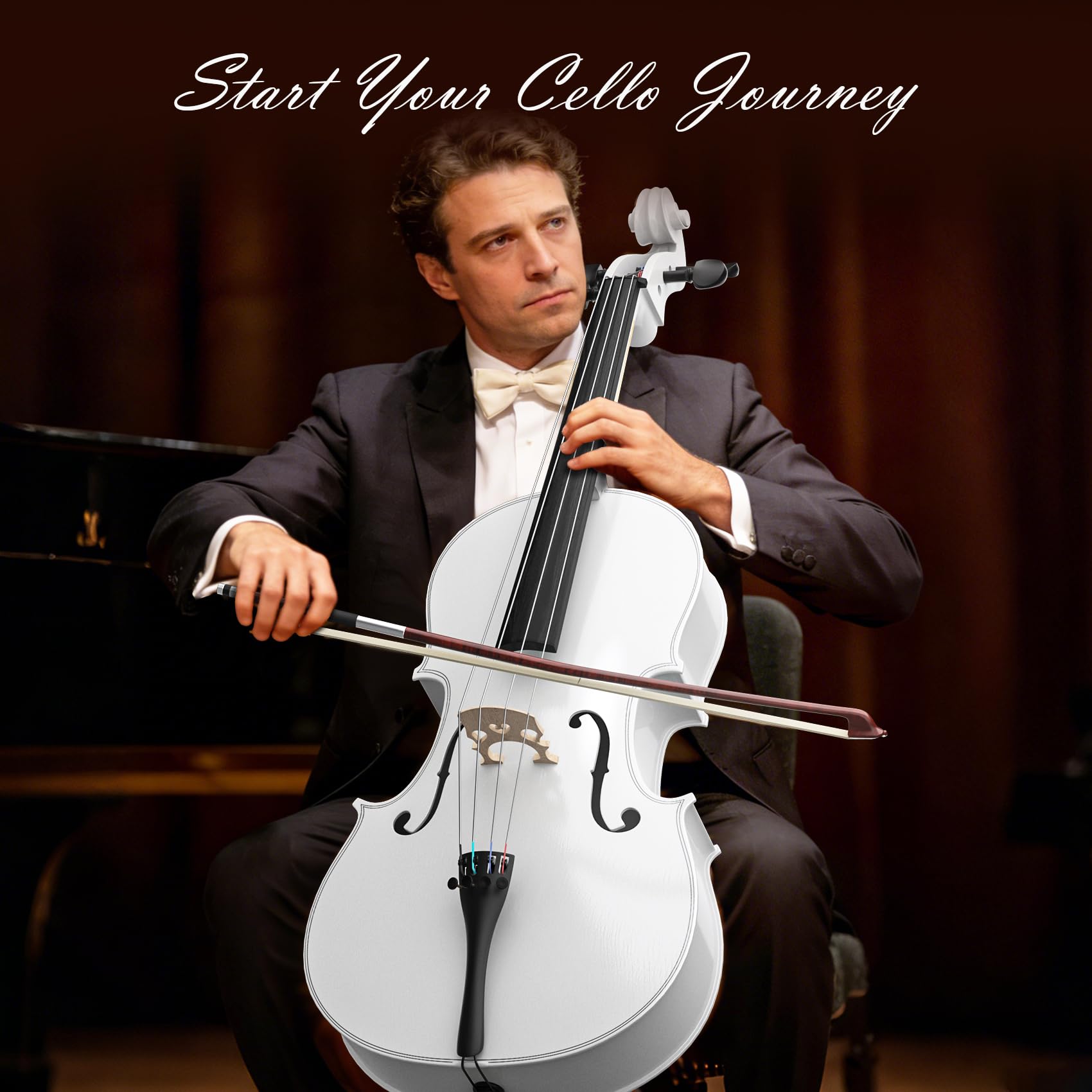 Cello 4/4 Kit, Full Size Cello for Adults, Students, Beginners, Complete Acoustic Cello Instrument Set with Portable Bag, Bow, Rosin, Black