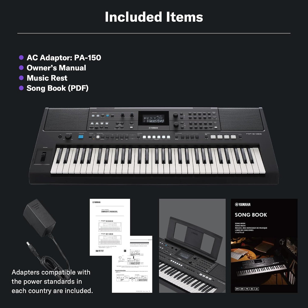 Yamaha PSR-E483, 61-Key Touch-Sensitive Portable Keyboard with Sound, Music Rest and Power Adapter