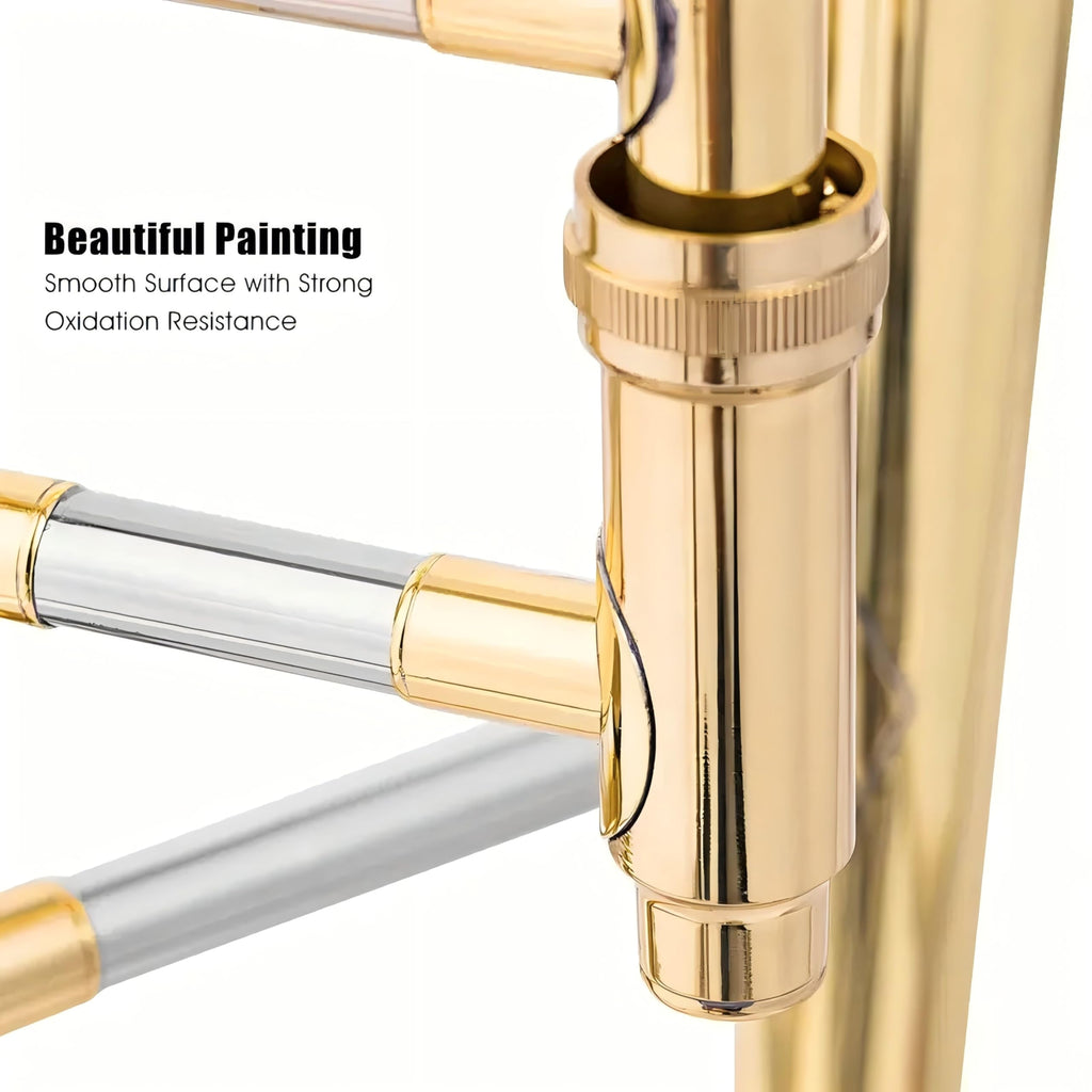 YAYUZEST Bb Tenor Slide Trombone for Students Beginners, B Flat Brass Plated Trombone Instrument with Hard Case Mouthpiece White Gloves and Cleaning Kit (Gold)
