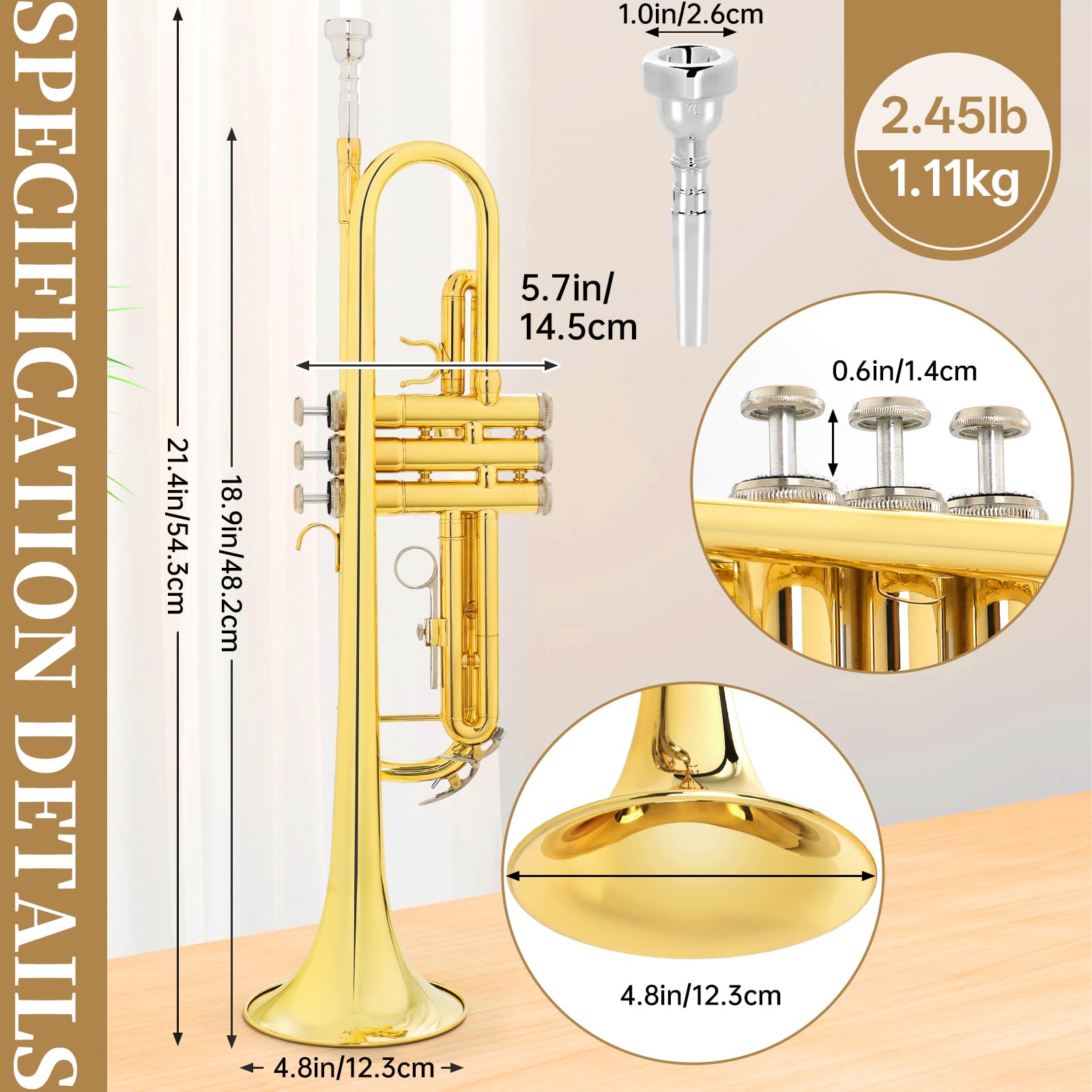 Kmise Bb Standard Trumpet, Premium Brass Trumpets for Student Beginner, Trumpet Instrument Set with Upgraded Case, 7C Mouthpiece, Mute, Beginner's Guide Kit, Cleaning Kit (Gold)