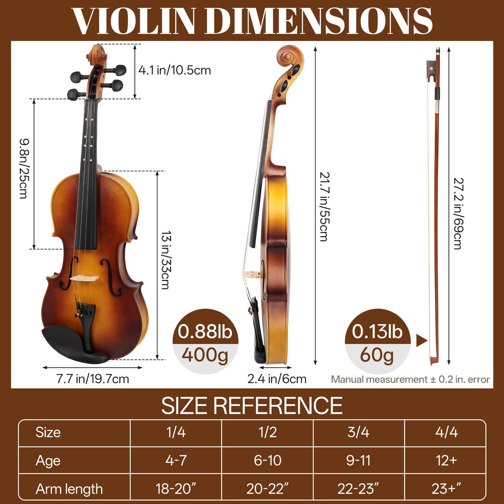 Kmise Violin 4/4 Full Set, Fingerboard Fret Markings Violins, Matte Acoustic Fiddle for Adults, Beginners, Students with Violin Case, Rosin, Strings, Bow, Shoulder Rest, Beginner's Guide (Matte, 4/4)
