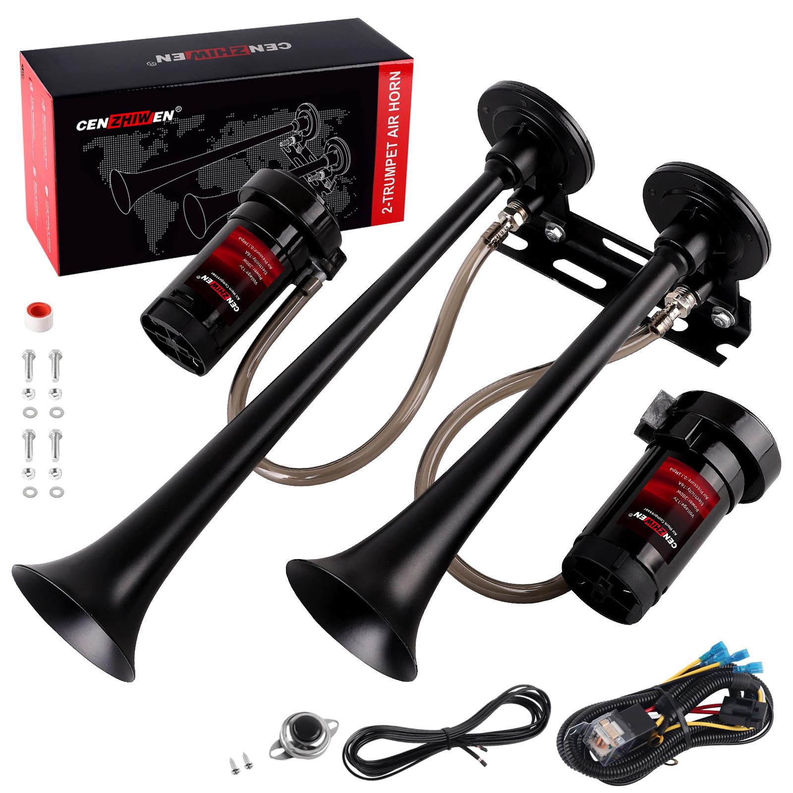Dual 2-Trumpet Metal Air Horn for truck Kit with 2 air Compressors,12V 150dB Ultra Loud impact train car horn moto horn is suitable for pickup/SUV/Boat (Two-tube integrated)