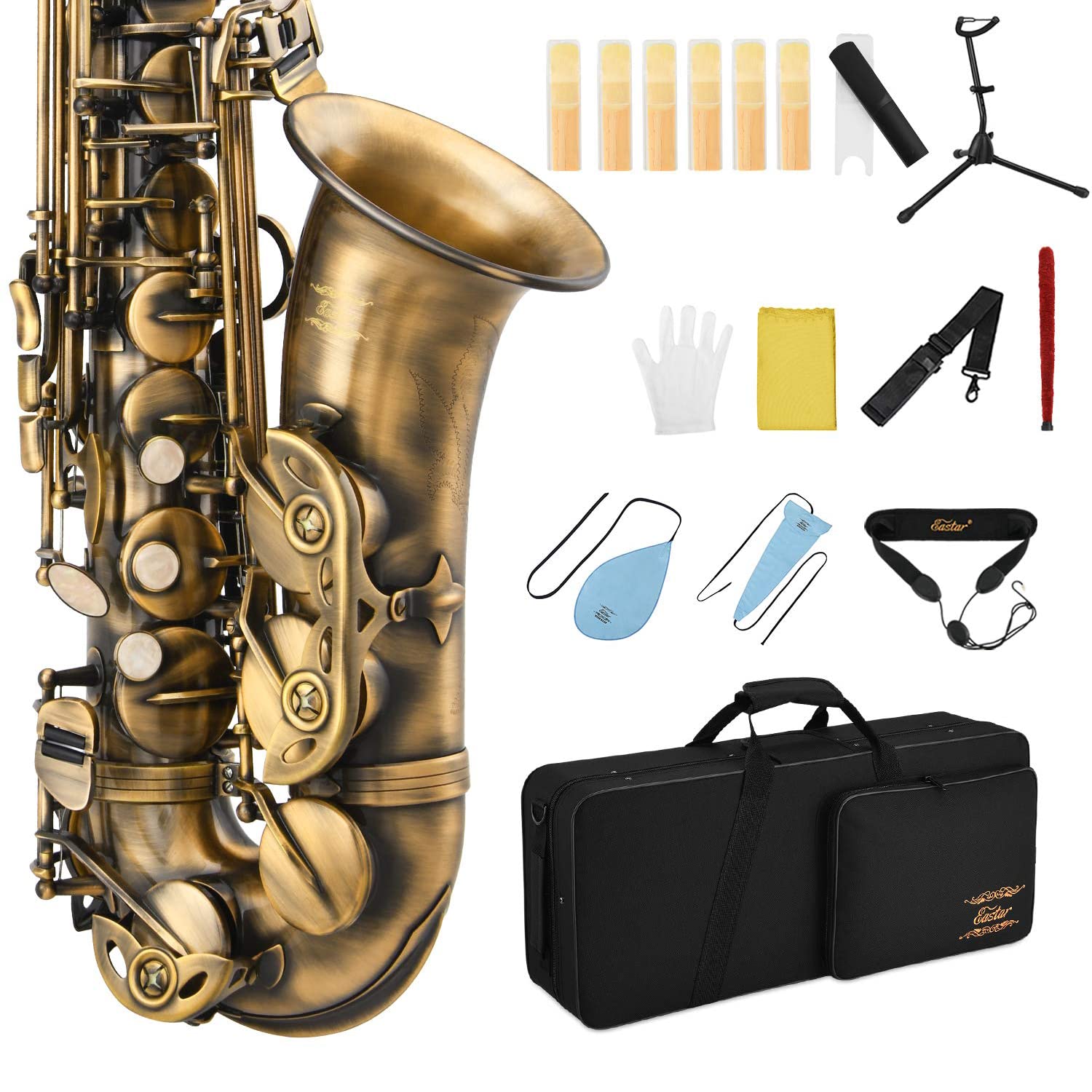 Eastar Student Alto Saxophone E Flat for Beginner Sax Full Kit with Carrying Case, Mouthpiece, Straps, Reeds, Stand, Golden Lacquer, AS-Ⅱ