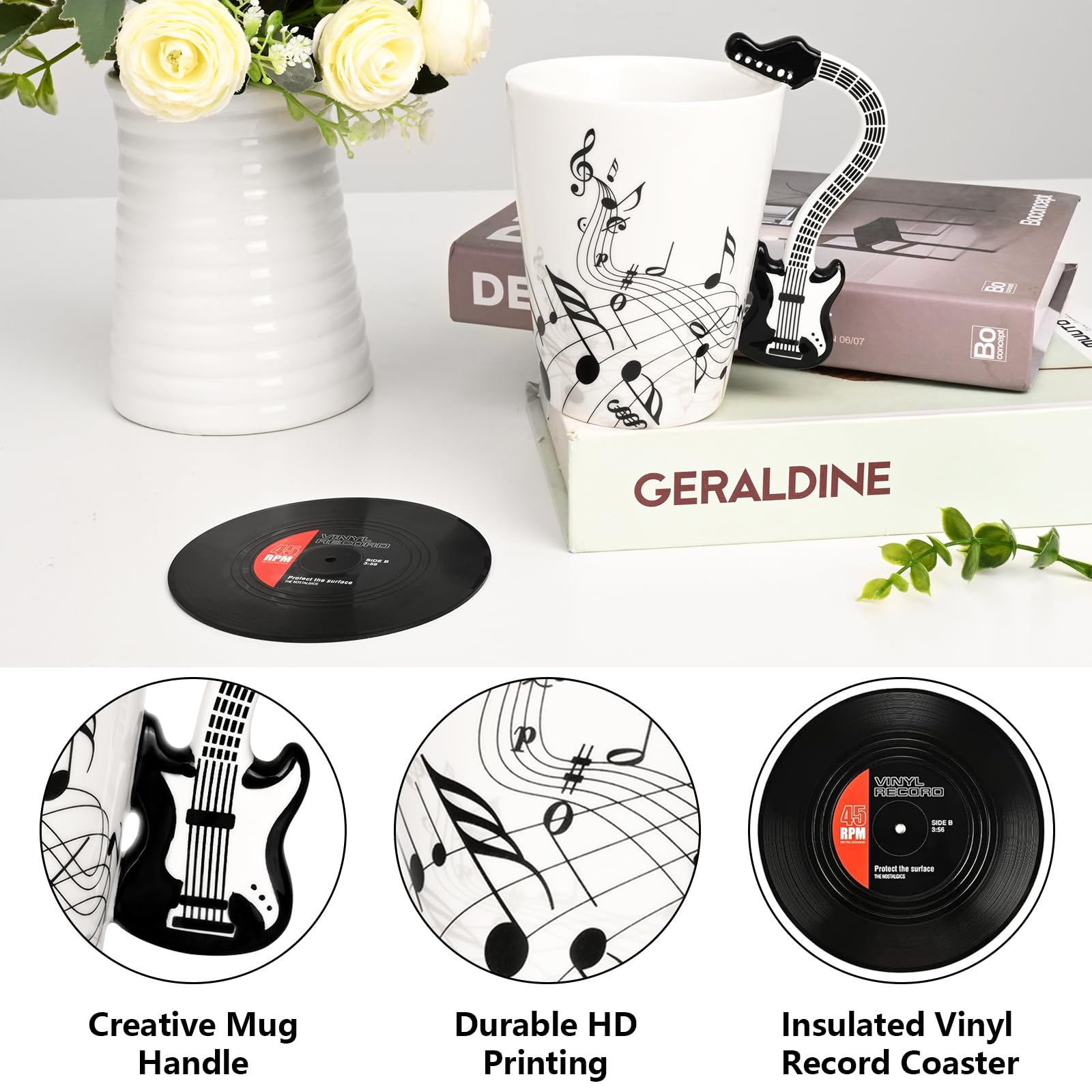 Maustic Novelty Violin Mug - 13 Oz Ceramic with Vinyl Record Coaster, Perfect for Music Lovers, Musicians, and Violinists - Ideal for Christmas or Birthday Gifts
