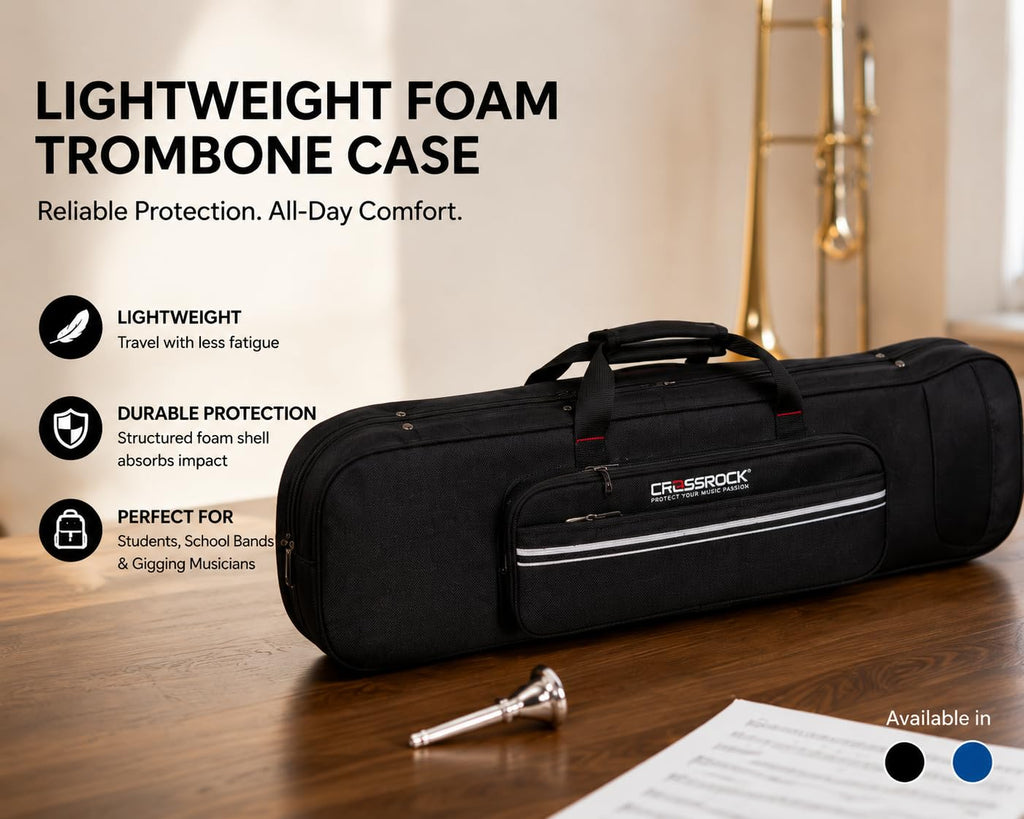 Crossrock Tenor Trombone Flight Case — Fits Bb Tenor with F-Attachment | Shockproof Design, Security Lock, Plush Interior, Single Shoulder Strap & Accessory Compartment (CRA980TBBK)