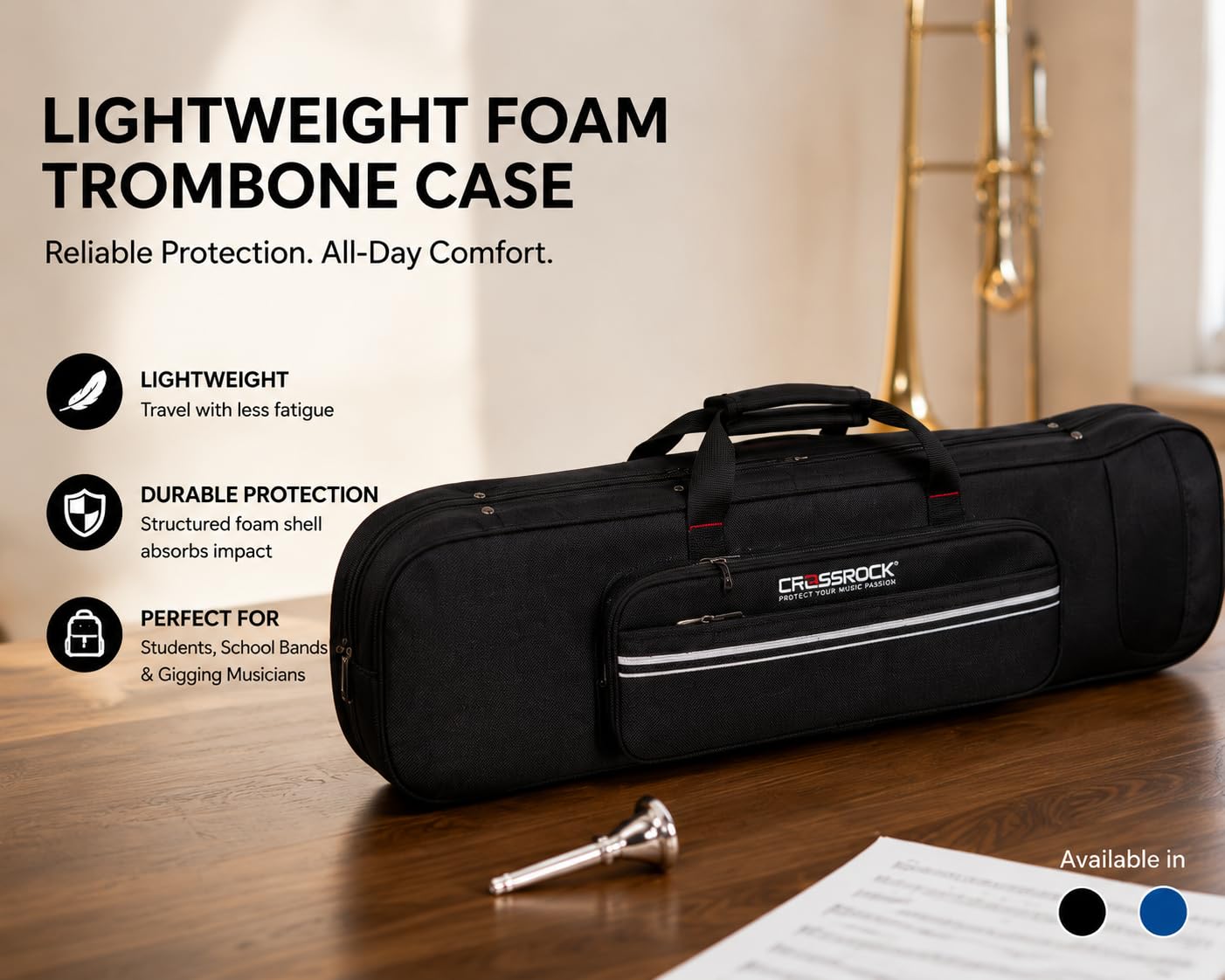 Crossrock Tenor Trombone Flight Case — Fits Bb Tenor with F-Attachment | Shockproof Design, Security Lock, Plush Interior, Single Shoulder Strap & Accessory Compartment (CRA980TBBK)