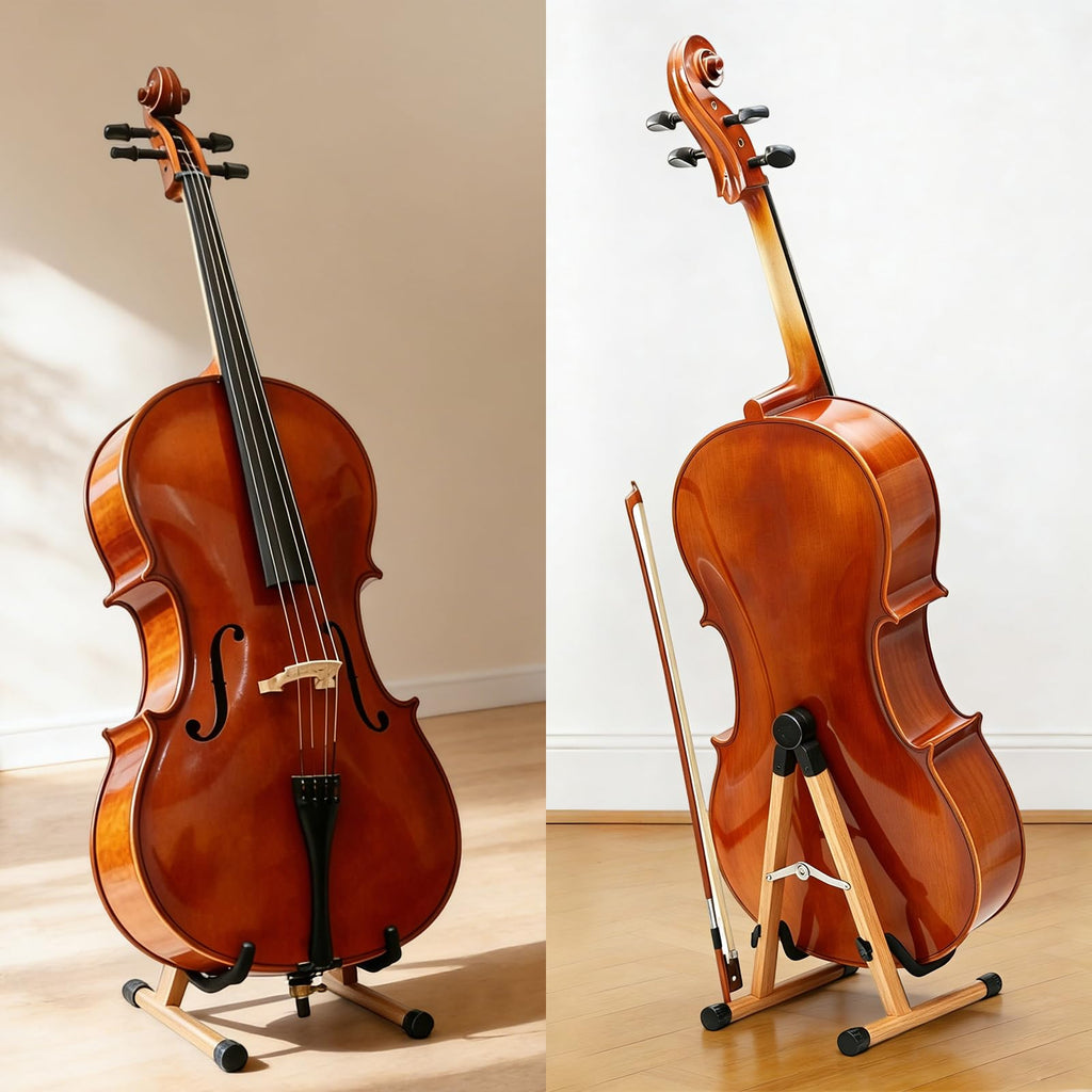Cello Stand with Bow Holder, Wooden Stand for 1/2, 3/4, 7/8, 4/4 Full-Size, A-Frame Floor Cello Stand with Padded Foam and Non Slip Pad, Cello Display Stand (Black Walnut)