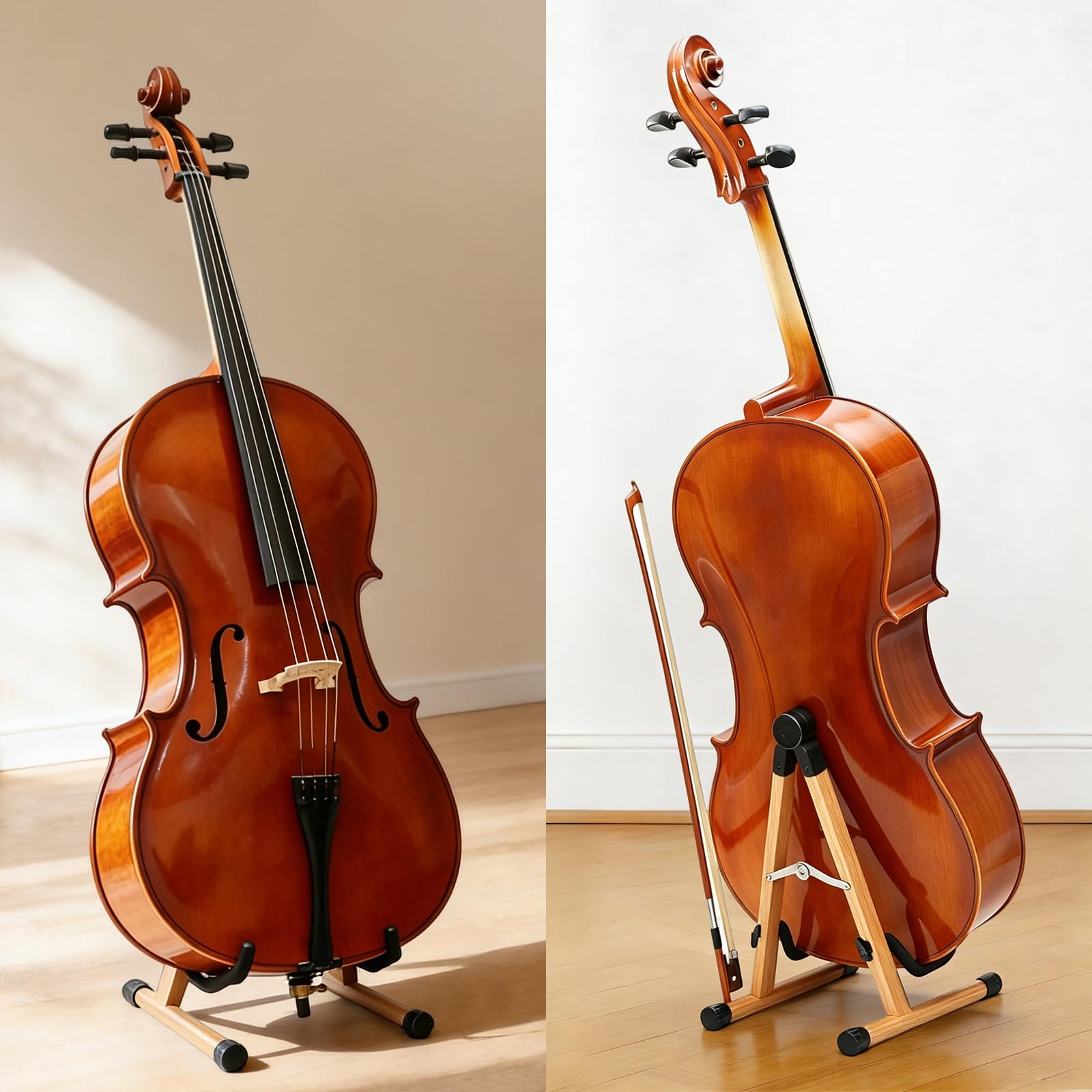 Cello Stand with Bow Holder, Wooden Stand for 1/2, 3/4, 7/8, 4/4 Full-Size, A-Frame Floor Cello Stand with Padded Foam and Non Slip Pad, Cello Display Stand (Black Walnut)
