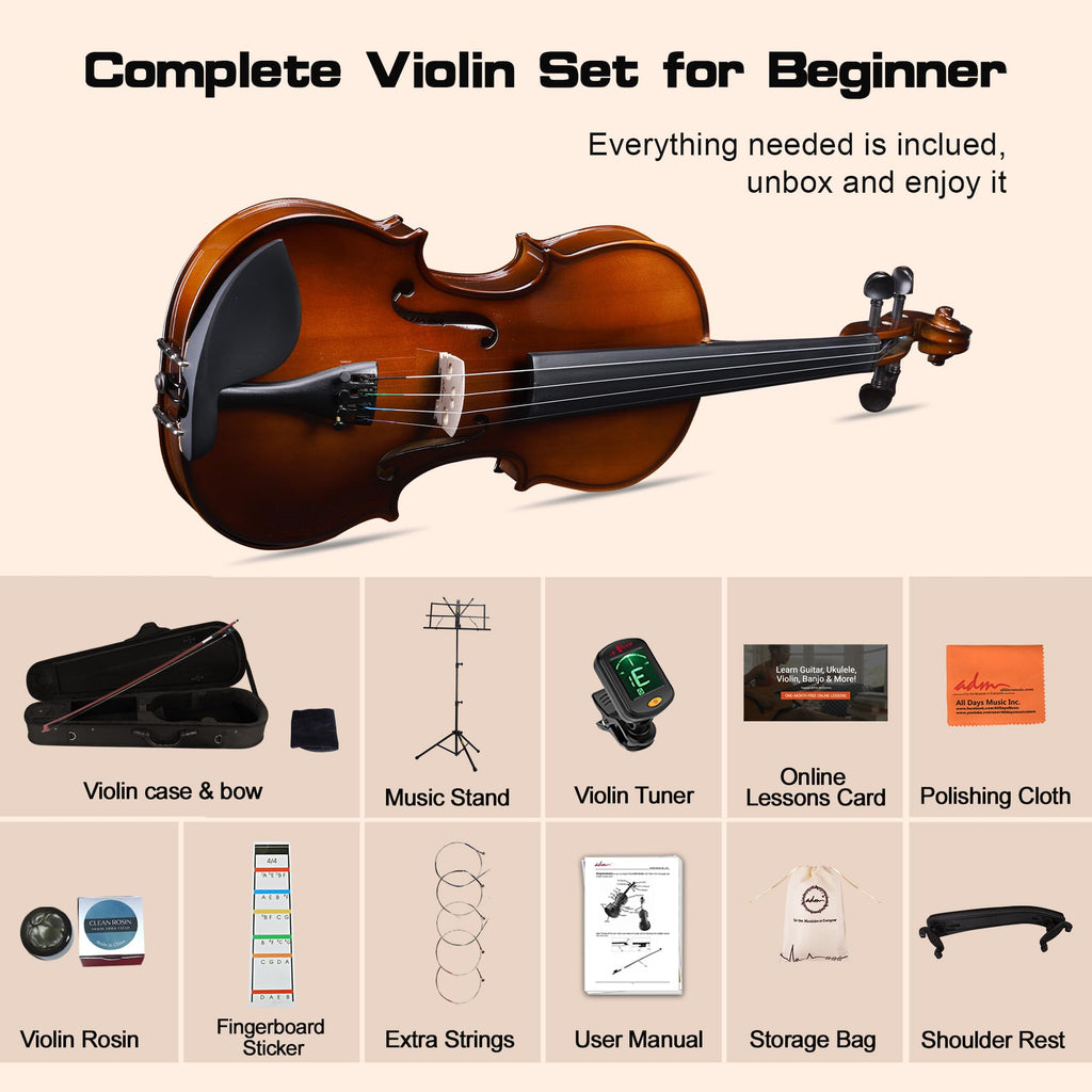 ADM Acoustic Violin for Beginner 4/4 Full Size Violin Set Solid Wood Ebony for Adult Teen Student Starter Kit with Hard Case, Shoulder Rest, Bow, Music Stand, Strings, Free Lessons (Sepia, 4/4 Size)