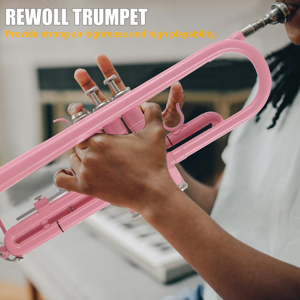 ROWELL Bb Standard Trumpet Professional Brass Trumpets for Beginner Standard Student Trumpet Set with Hard Case,7C Mouthpiece,Gloves(Pink)