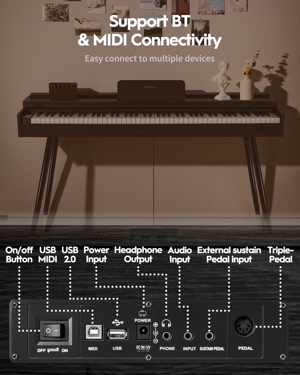 STRICH 88 Key Digital Piano, Hammer-Action Weighted Keyboard, Full Size Desk Cover Electric Piano Keyboard with Stand, 25Wx2 Speakers, Headphones, Three Pedal, SDP-350S(Color Mahogany)