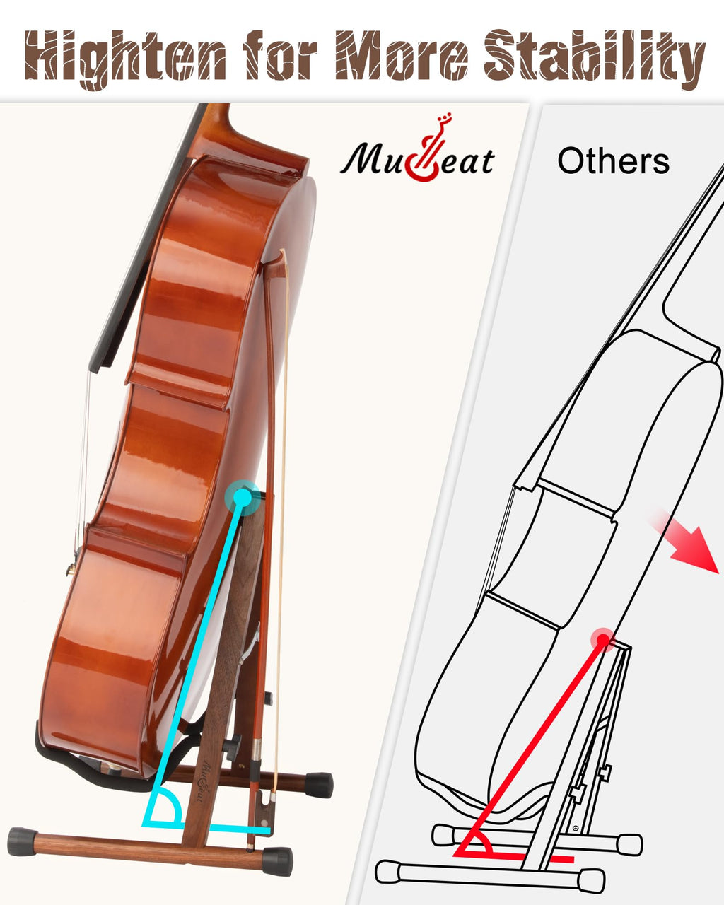 Cello Stand with Bow Holder, Mahogany Wooden A-Shape Floor Stand with Padded Foam, Handcrafted Cello Rack Fits 1/2, 3/4, 7/8, 4/4 Full-Size and Guitar, Instrument Holder for Home and Studio Display
