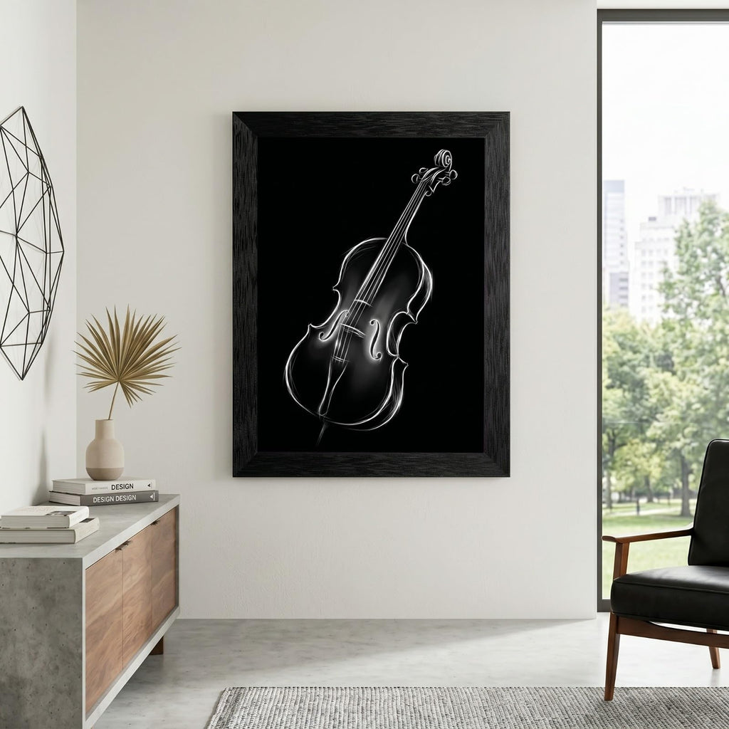 Framed Canvas Wall Art Minimalist Abstract Cello Musical Instrument Electric White Glowing Lines on Black Canvas Print Poster Black Frame Wall Decor for Music Room Studio Modern Art, Inch 24x36
