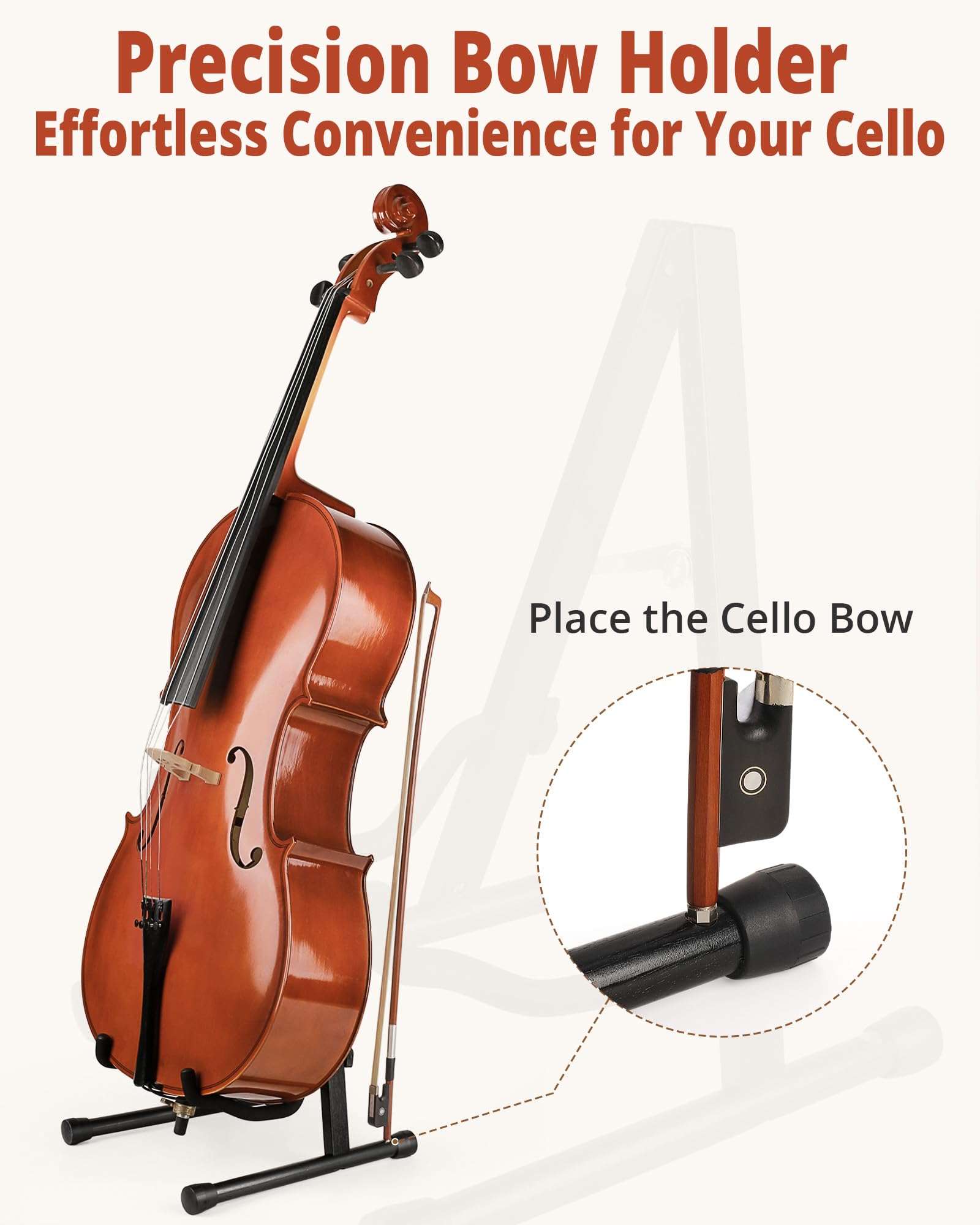 MUSO Cello Stand with Bow Holder,A-Frame Floor Stand with Padded Foam, Handcrafted Cello Rack Fits 1/2, 3/4, 7/8, 4/4 Full-Size and Guitar, Instrument Holder for Home and Studio Display