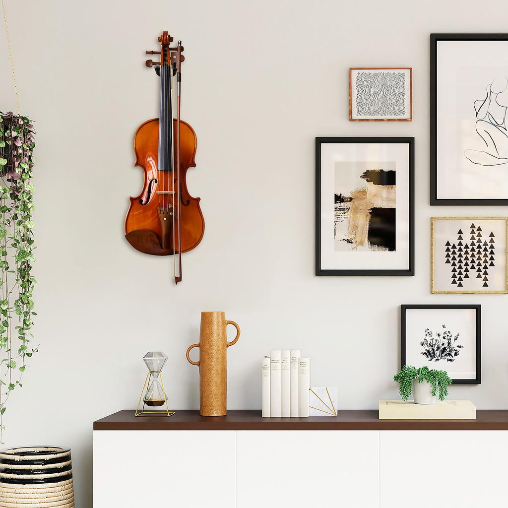 Ohuhu Violin Wall Mount Hanger, Hardwood Violin Viola Hanger with Bow Holder and Soft Padding for Home Studio Decor