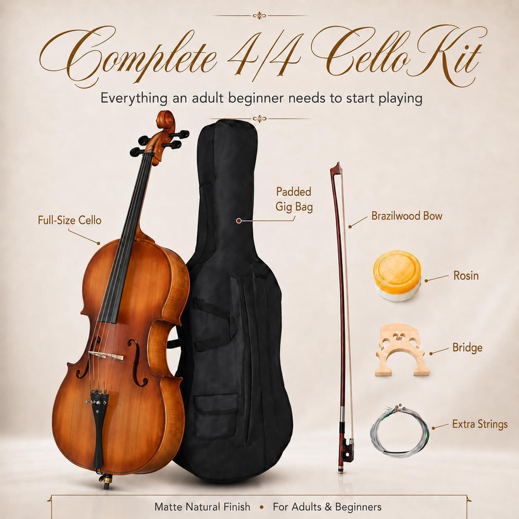 Cello 4/4 Full Size, Beginner Cello Instrument for Adults, Acoustic Cello Set with Padded Bag, Extra Strings, Bridge, Bow & Rosin – for Lessons, Home Practice & School Orchestra, Matte Natural