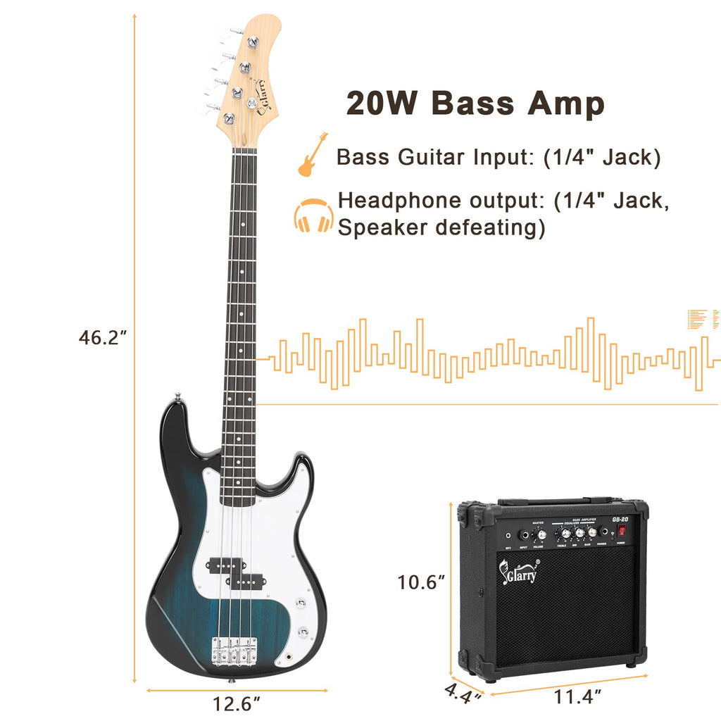GLARRY Full Size Electric Bass Guitar Beginner Kit 4 String Exquisite Basswood Bass with 20W AMP, Cable, Strap, Bag and Accessories (Black, 39"Right Handed)