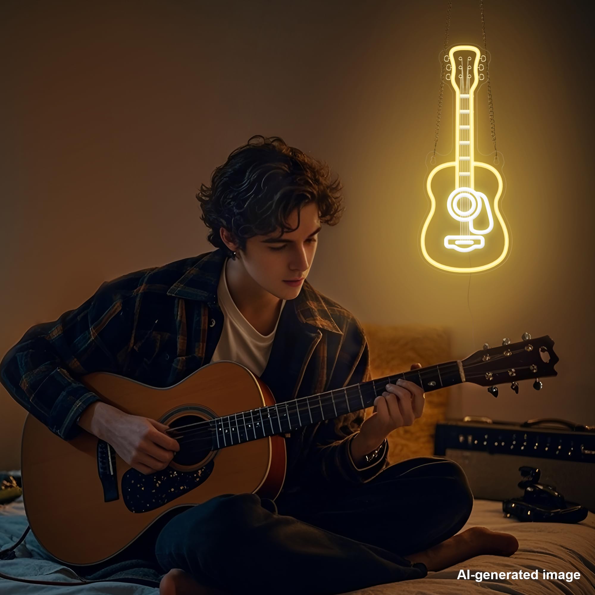 CoolGift Mart Acoustic Guitar Neon Light, Dimmable LED Guitar Neon Wall Sign USB Powered, Decorations for Bedroom Living Room Man Cave Music Studio, Gift for Guitar Players Guitarists Music Lovers