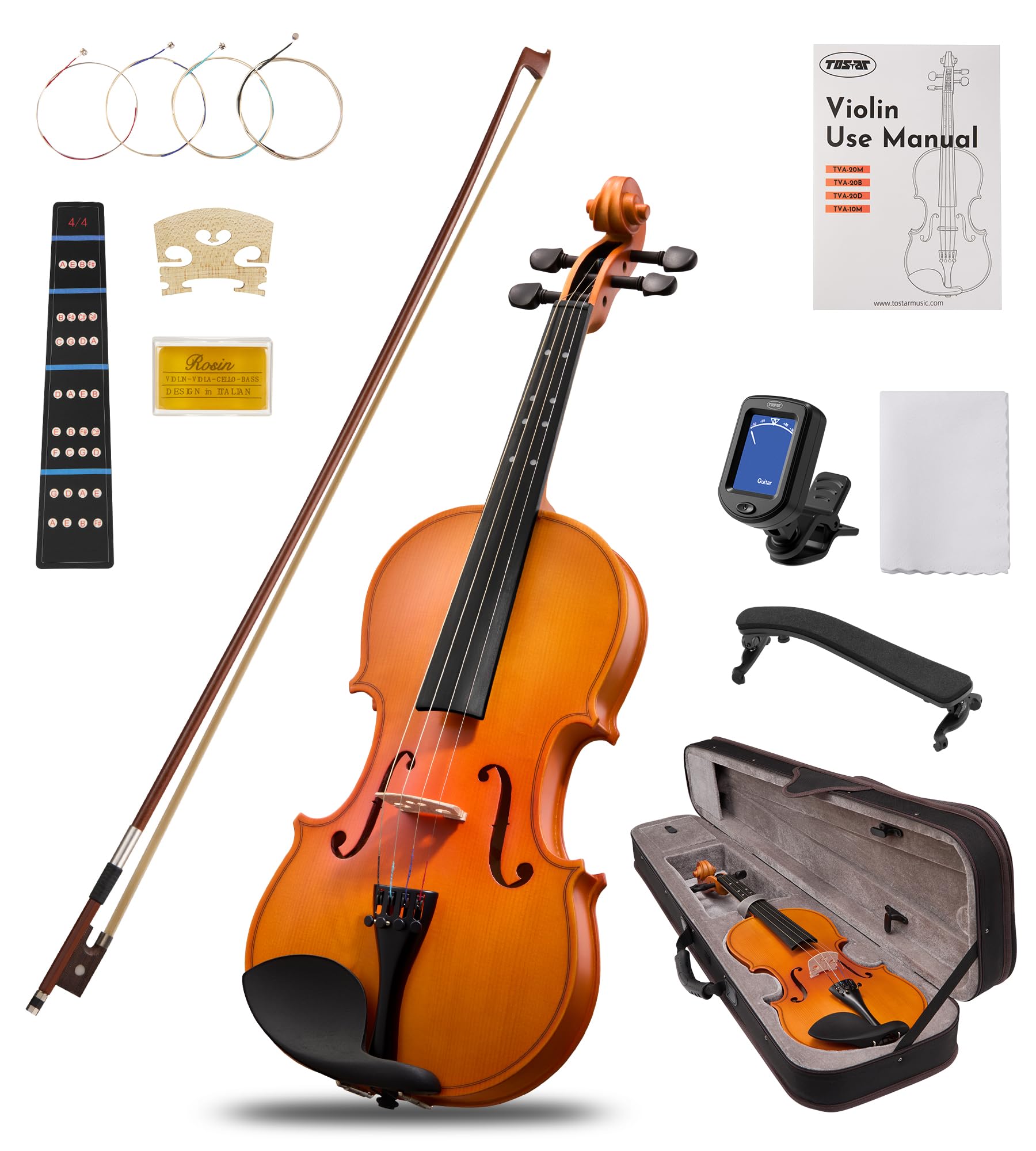 Tostar Acoustic Violin Full Size 4/4 Violin Set Starter Kit with Carrying Case, Violin Bow, Bridge, Rosin, Shoulder Rest, Stickers, Instruction Extra Strings for Beginner Retro Matte