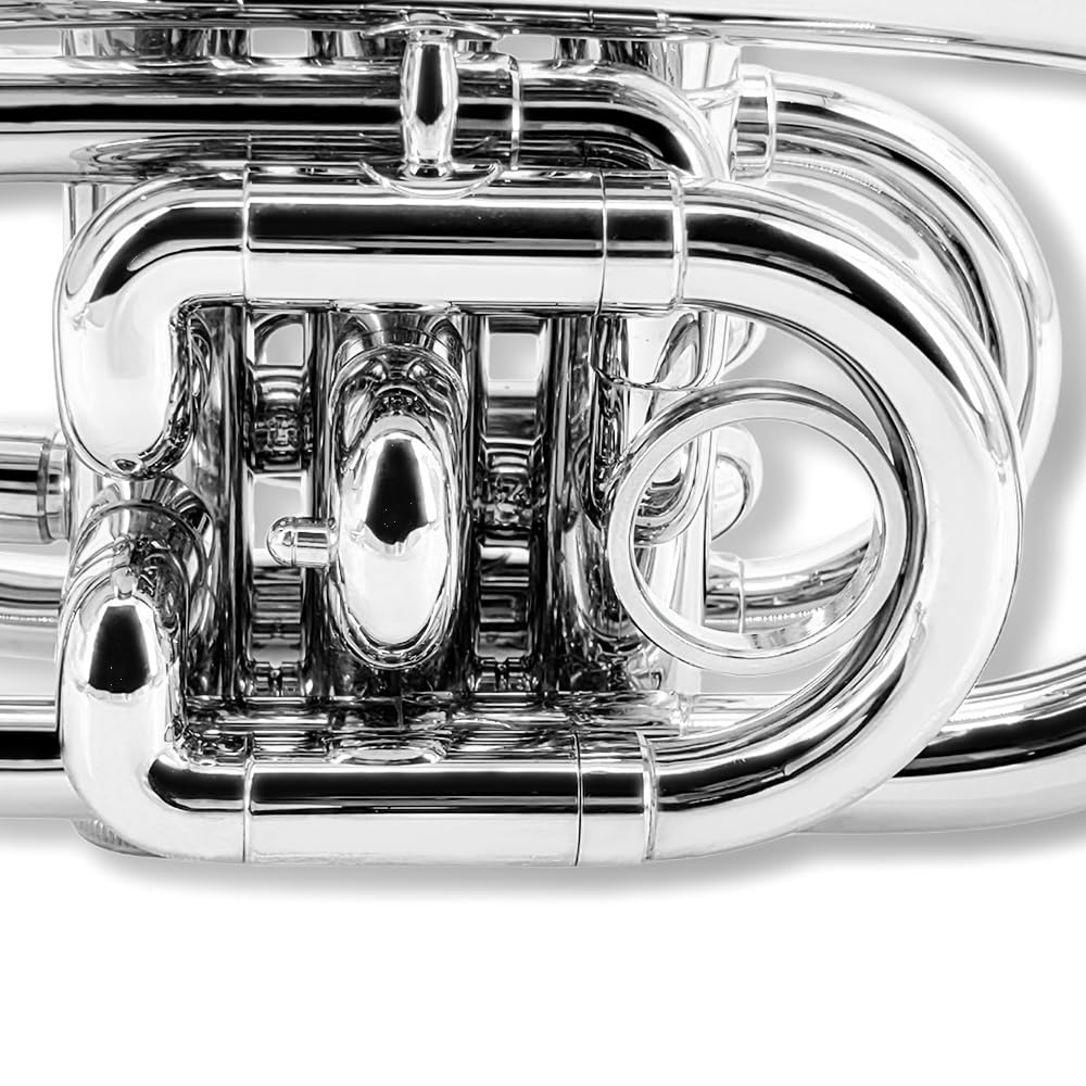 Pocket Trumpet Bb Flat Brass Trumpet for Beginner Student with 7C Mouthpiece Carrying Hard Case Cleaning Cloth Gloves