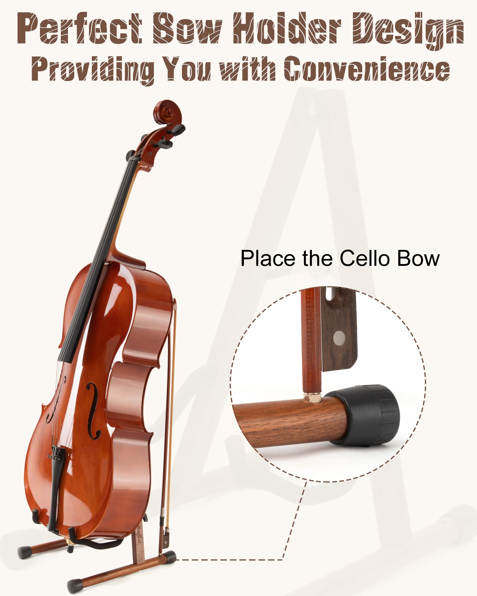 Cello Stand with Bow Holder, Mahogany Wooden A-Shape Floor Stand with Padded Foam, Handcrafted Cello Rack Fits 1/2, 3/4, 7/8, 4/4 Full-Size and Guitar, Instrument Holder for Home and Studio Display