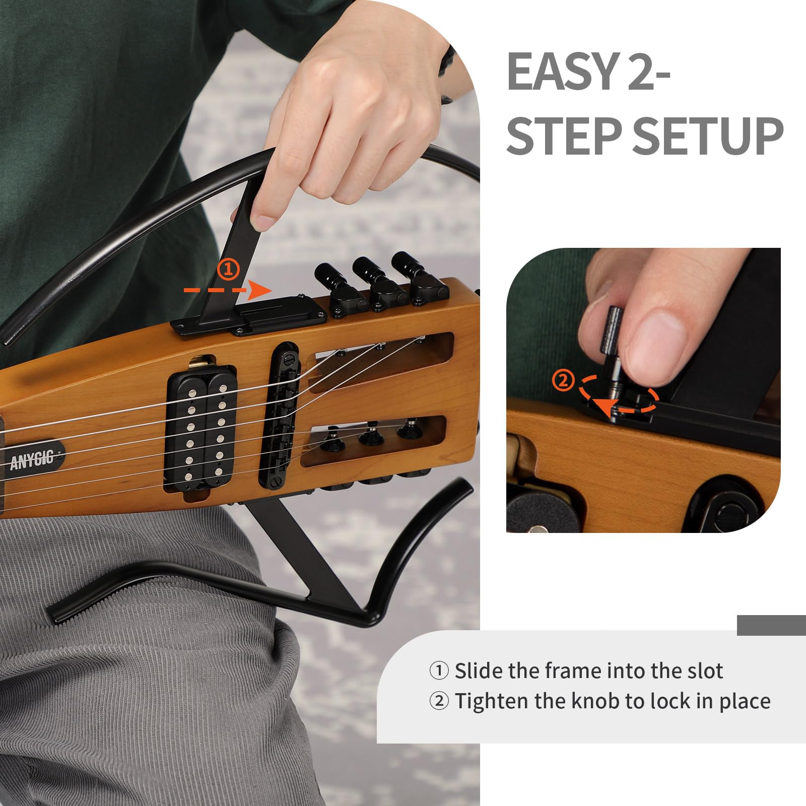 Anygig Travel Electric Guitar Headless – Portable Ultra-Light and Quiet, Full-Scale 25.5” Rosewood Fingerboard, Glow Humbucker, Gig Bag, Removable Stands for Left and Right Black