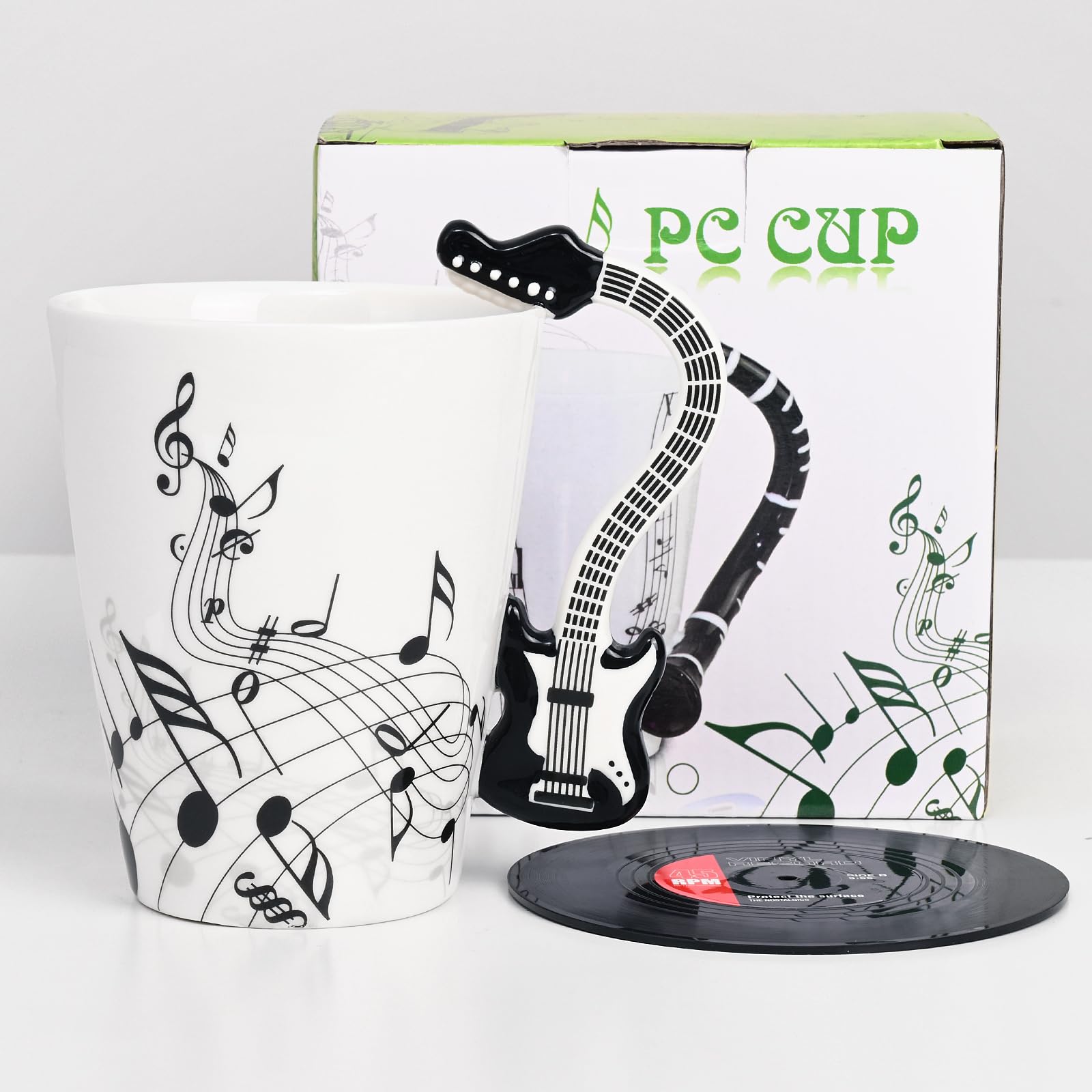 Maustic Novelty Violin Mug - 13 Oz Ceramic with Vinyl Record Coaster, Perfect for Music Lovers, Musicians, and Violinists - Ideal for Christmas or Birthday Gifts