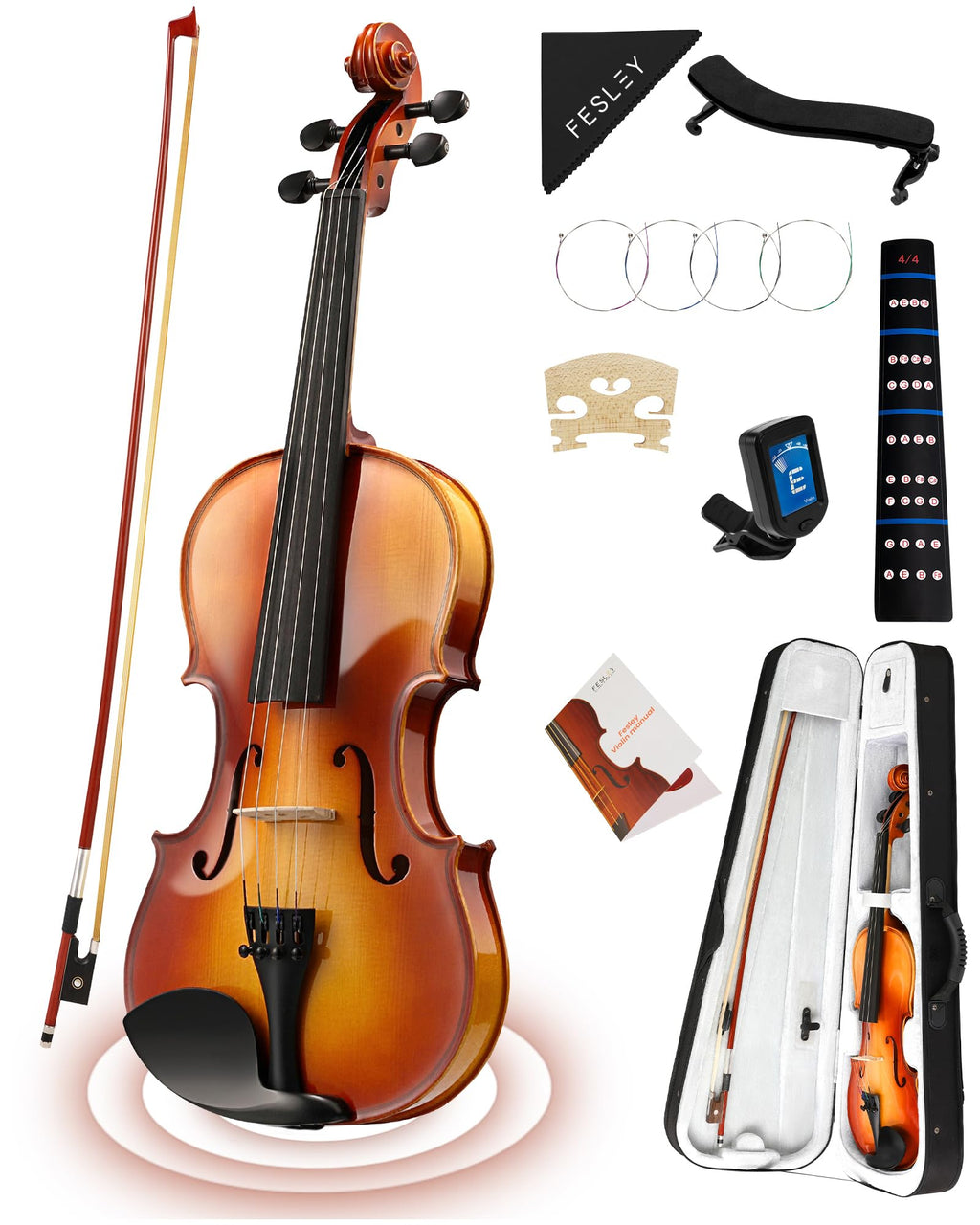 Fesley 4/4 Beginner Violin Kit for Adults & Teens, Full Size Acoustic Violin Set with Hard Case, Bow, Shoulder Rest, Digital Tuner & Extra Strings, Handmade Solid Wood Student Violin