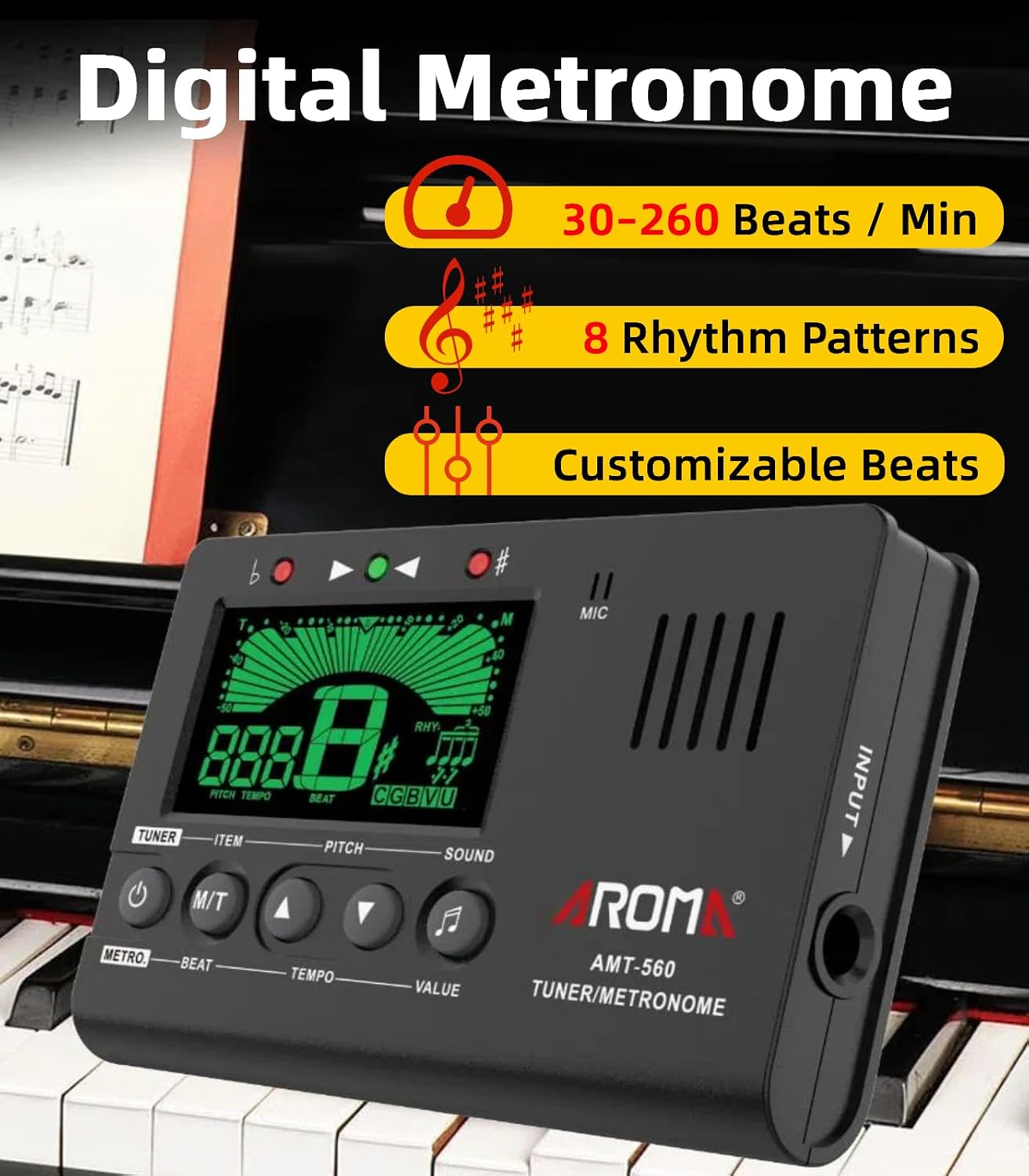 Ulumac Aroma 3-in-1 Digital Metronome Tuner for Guitar, Bass, Violin, Piano | For All Instruments - Ukulele, Trumpet, Flute, Clarinet - Accurate Chromatic Tuner, Tone Generator, Easy to Use, Pocket Size