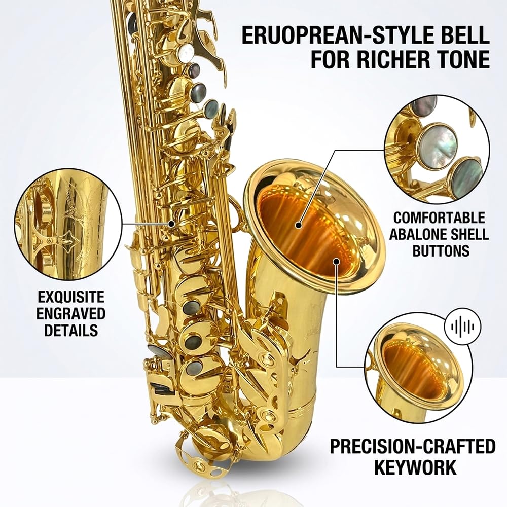 Beginner Alto Saxophone, E Flat - Complete Starter Kit with Case & 10 Reeds, for Adults & Students, Easy to Play for School Band & Practice(Gold)