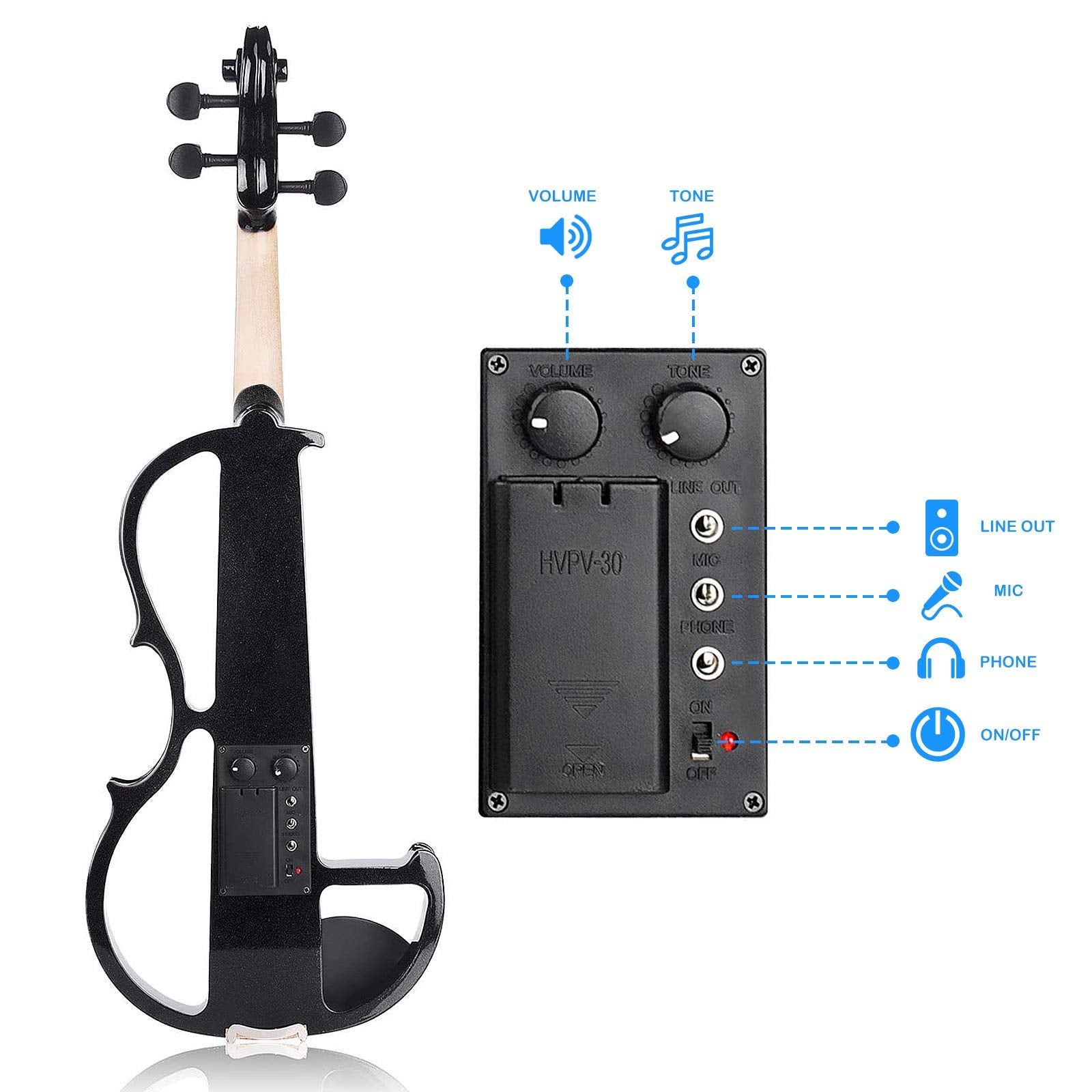 Vangoa Electric Violin Full Size 4/4, Black Silent Electric Violin, Solid Wood Metallic Electric Fiddle with Ebony Fittings, Beginner Kit for Adults Teens