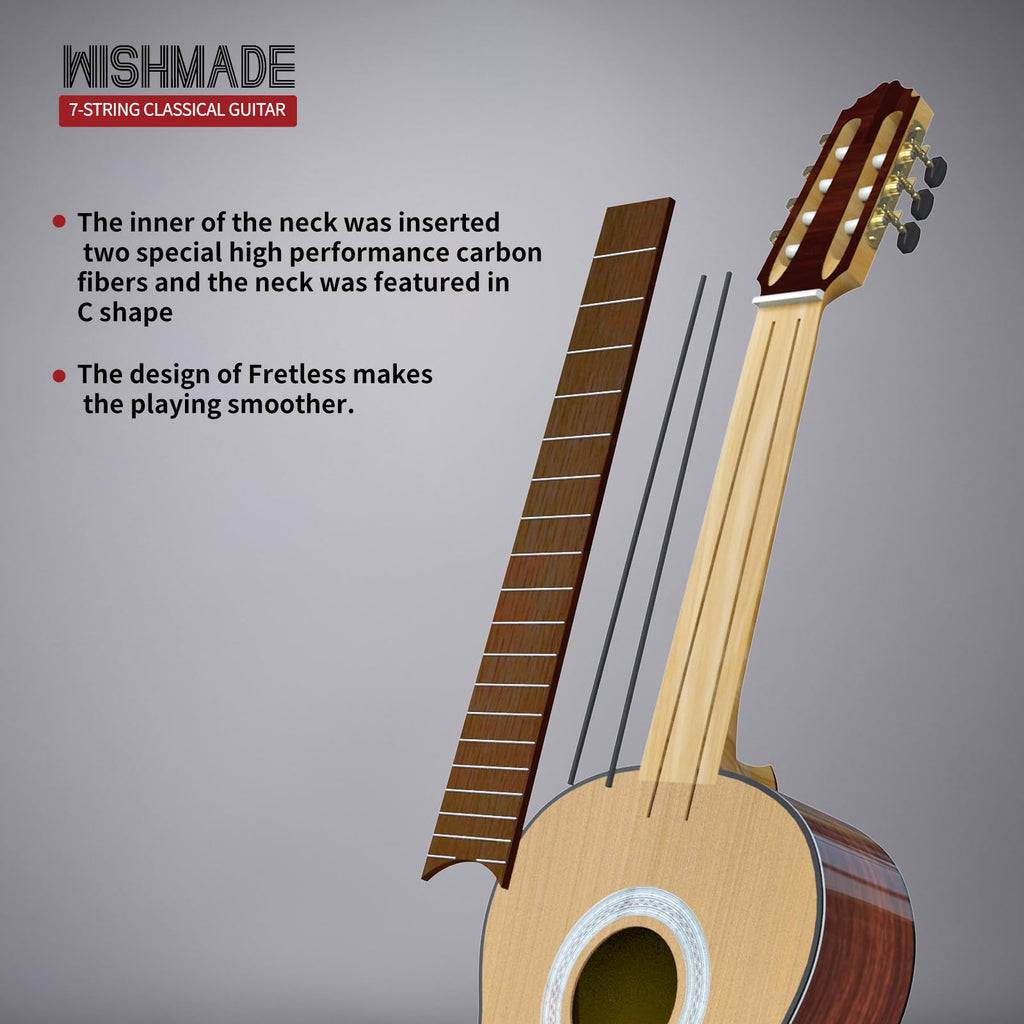 WishMade 7 String Acoustic Classical Nylon Guitar with Gig Bag | Red cedar top, rosewood fingerboard,Additional low B string for classical, jazz, flamenco, fingerstyle playing, adults