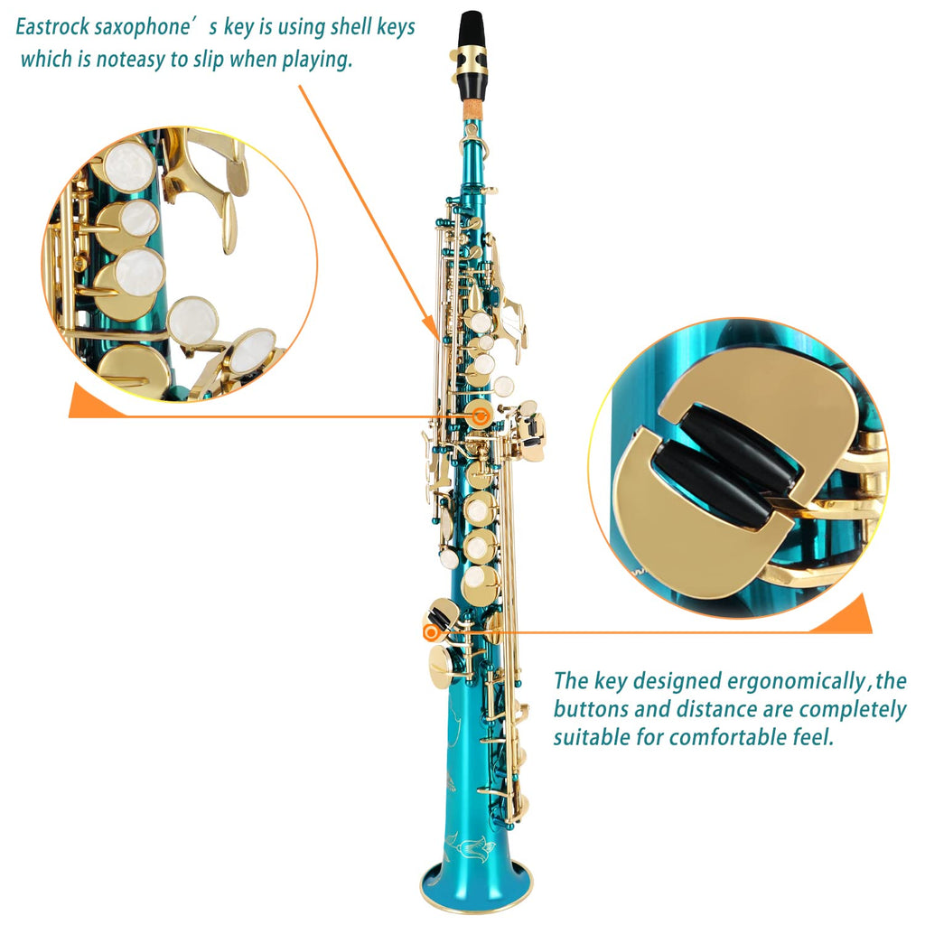 EASTROCK Soprano Saxophone Curved Bb Flat Black Sax Instruments for Beginners Intermediate Players with Carrying Case,Mouthpiece,Pads,Reed,Cleaning kit,neck Strap,White Gloves