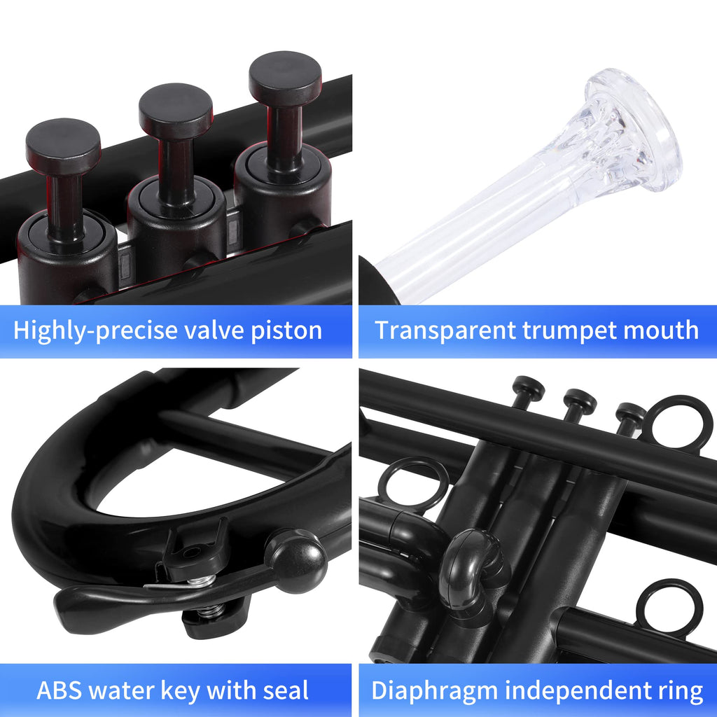 PAMPET Professional Plastic Bb Trumpet Standard Trumpet Set for Student Beginner With 7C Mouthpiece and 3C Mouthpiece, Bb Trumpet Instrument, Black,