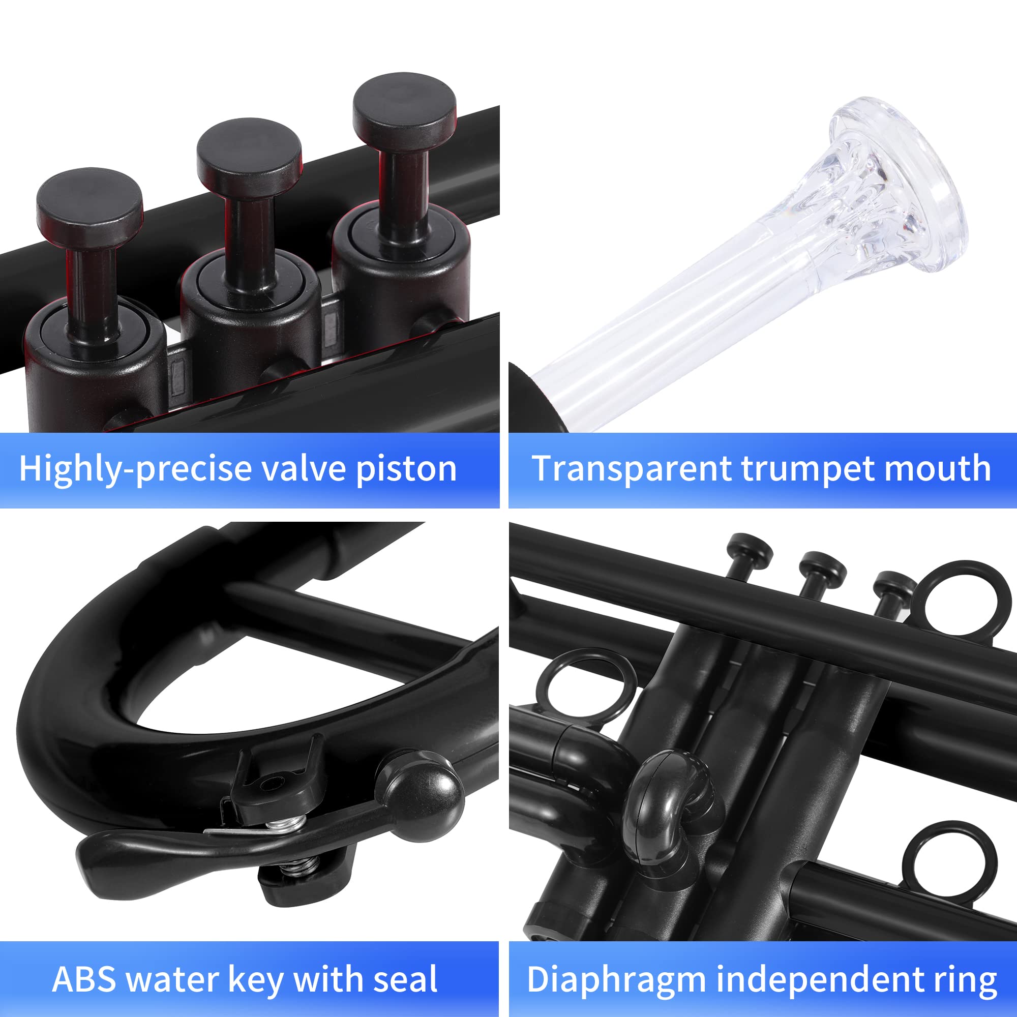 PAMPET Professional Plastic Bb Trumpet Standard Trumpet Set for Student Beginner With 7C Mouthpiece and 3C Mouthpiece, Bb Trumpet Instrument, Black,